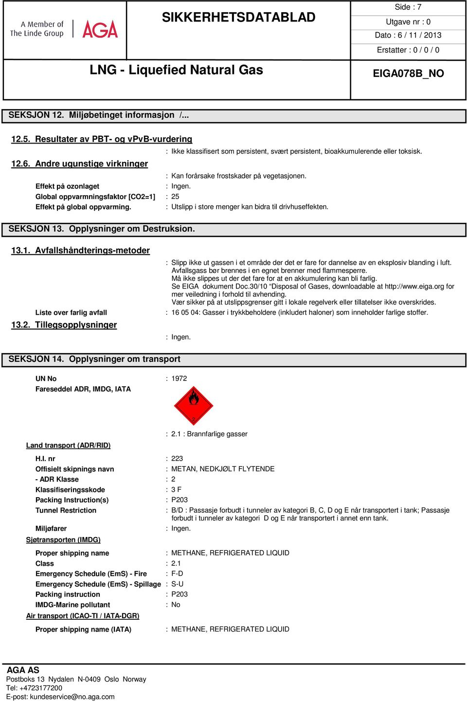 : Utslipp i store menger kan bidra til drivhuseffekten. SEKSJON 13. Opplysninger om Destruksion. 13.1. Avfallshåndterings-metoder Liste over farlig avfall 13.2.