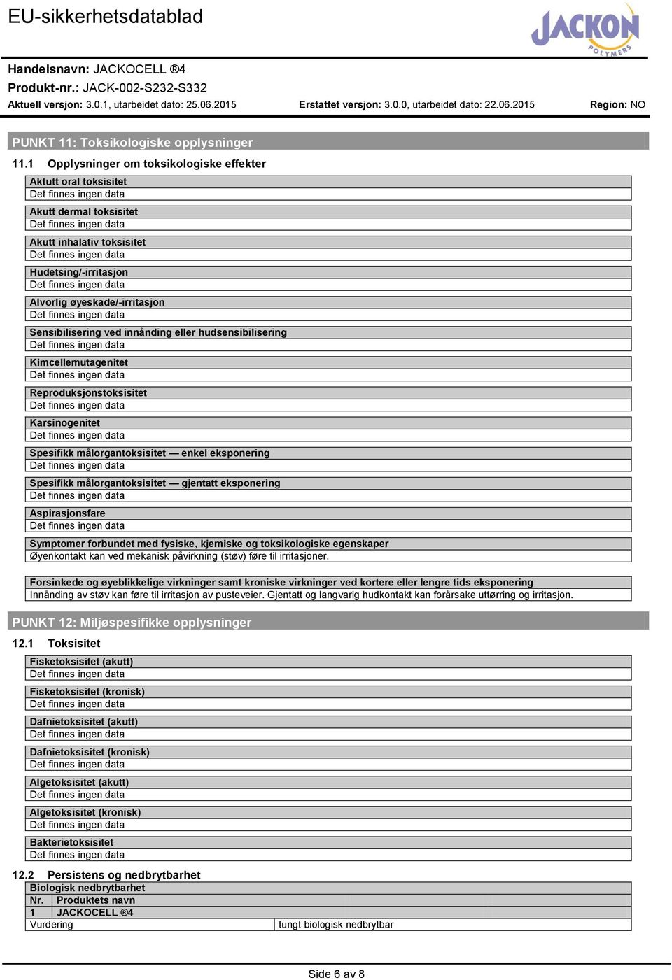 eller hudsensibilisering Kimcellemutagenitet Reproduksjonstoksisitet Karsinogenitet Spesifikk målorgantoksisitet enkel eksponering Spesifikk målorgantoksisitet gjentatt eksponering Aspirasjonsfare