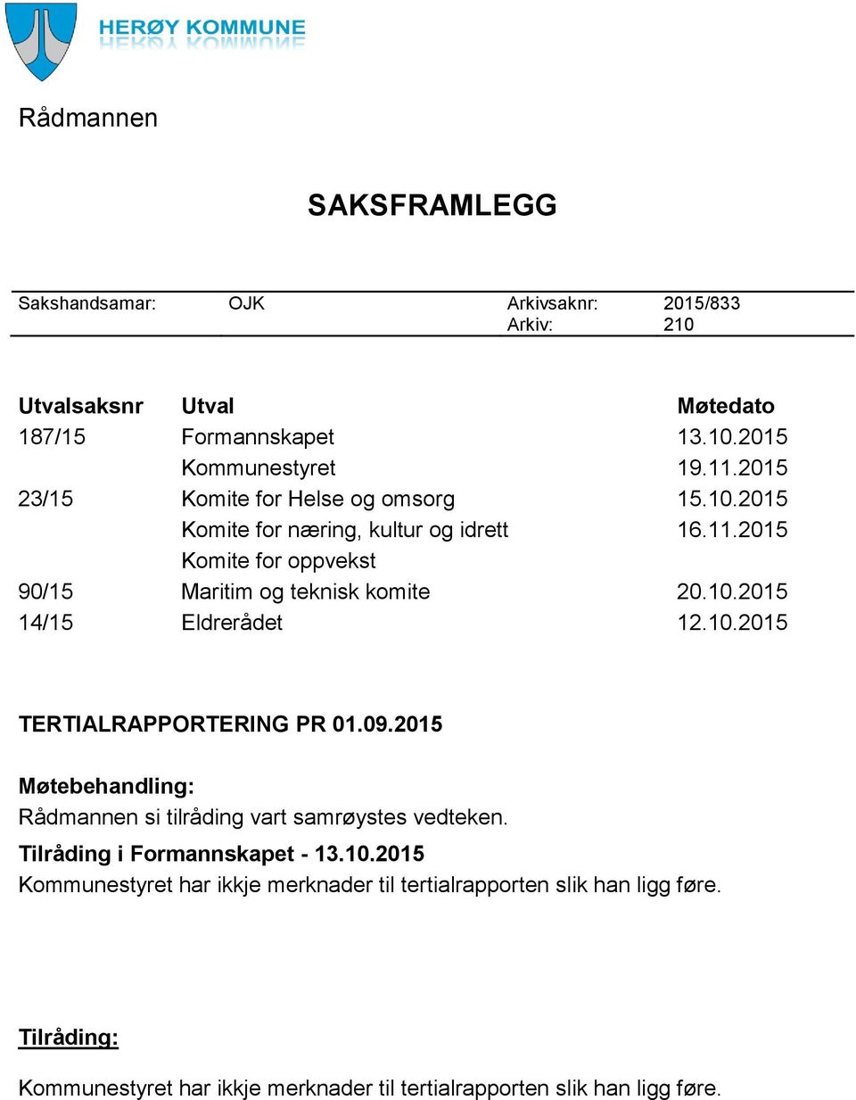 10.2015 TERTIALRAPPORTERING PR 01.09.2015 Møtebehandling: Rådmannen si tilråding vart samrøystes vedteken. Tilråding i Formannskapet - 13.10.2015 Kommunestyret har ikkje merknader til tertialrapporten slik han ligg føre.