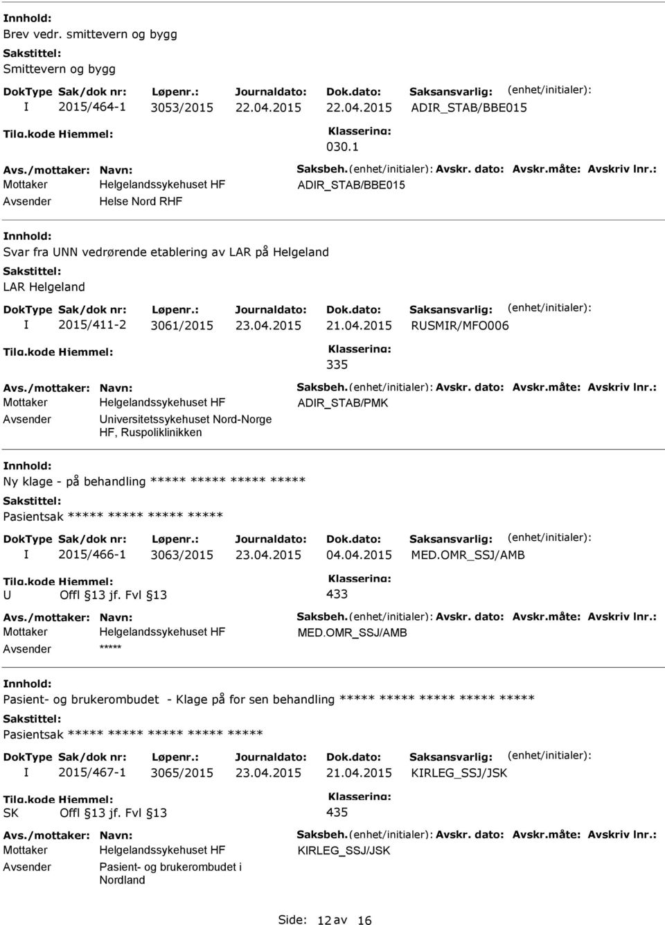 måte: Avskriv lnr.: ADR_STAB/PMK niversitetssykehuset Nord-Norge HF, Ruspoliklinikken Ny klage - på behandling ***** ***** ***** ***** Pasientsak ***** ***** ***** ***** 2015/466-1 3063/2015 04.