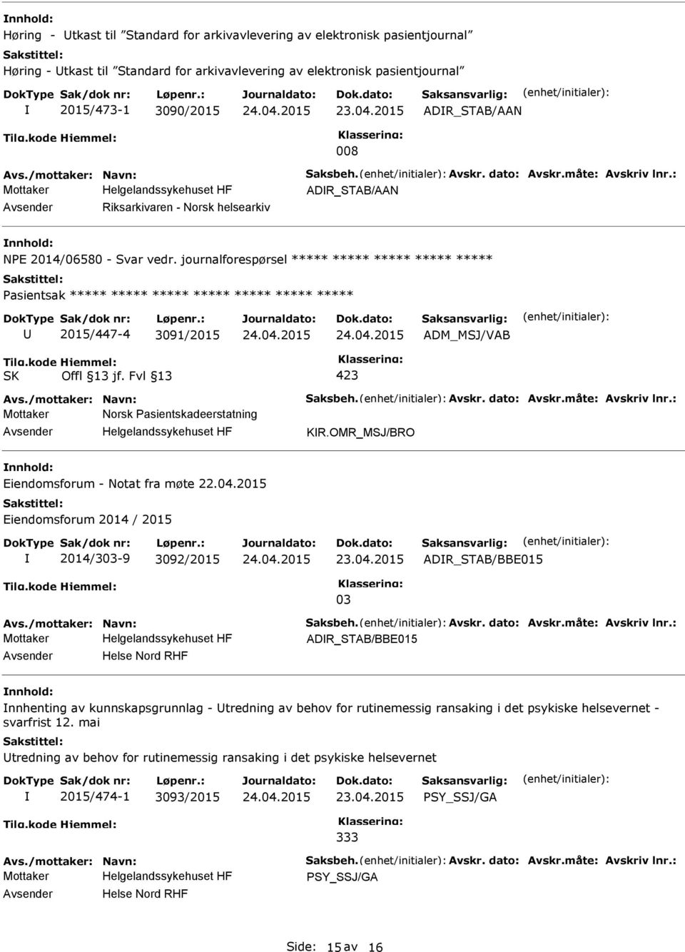 journalforespørsel ***** ***** ***** ***** ***** Pasientsak ***** ***** ***** ***** ***** ***** ***** 2015/447-4 3091/2015 ADM_MSJ/VAB Avs./mottaker: Navn: Saksbeh. Avskr. dato: Avskr.