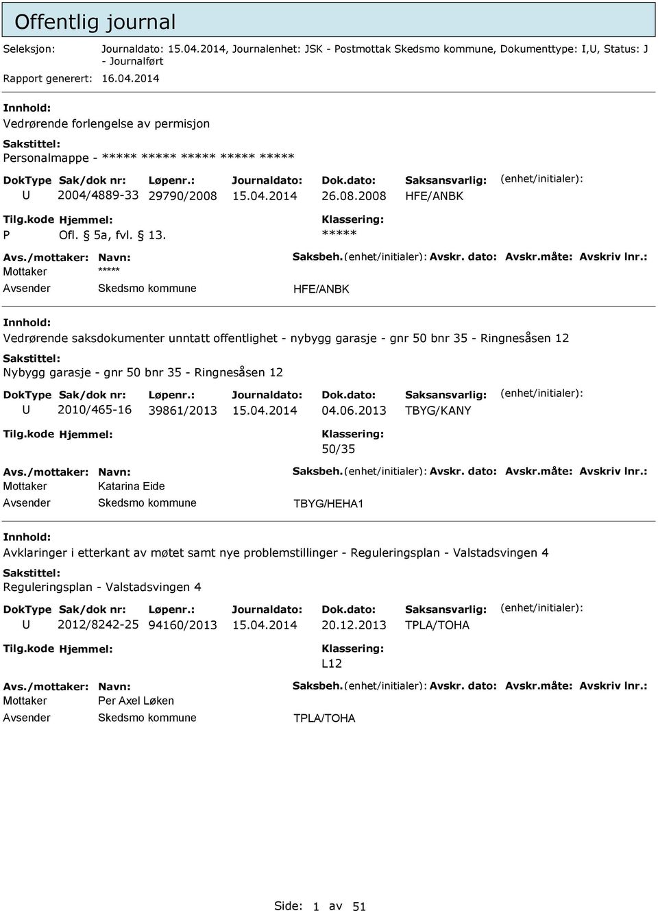 : Mottaker HFE/NBK Vedrørende saksdokumenter unntatt offentlighet - nybygg garasje - gnr 50 bnr 35 - Ringnesåsen 12 Nybygg garasje - gnr 50 bnr 35 - Ringnesåsen 12 2010/465-16 39861/2013 04.06.