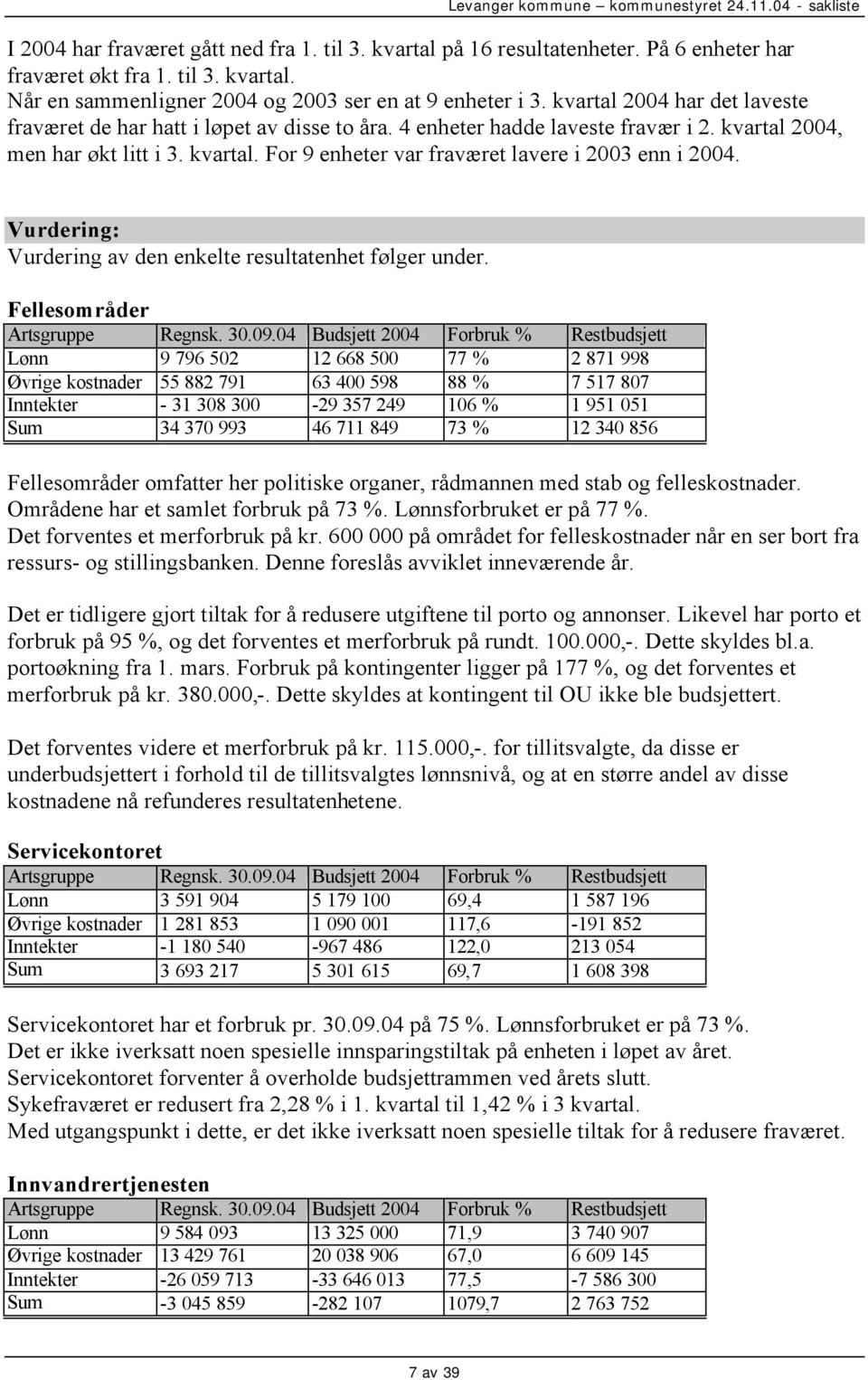 Vurdering: Vurdering av den enkelte resultatenhet følger under.