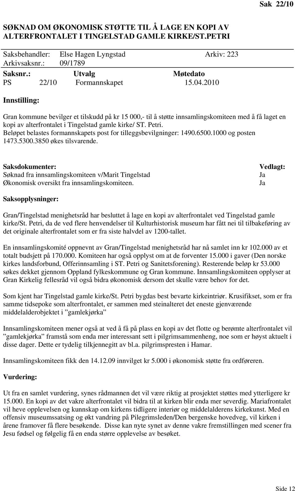 2010 Innstilling: Gran kommune bevilger et tilskudd på kr 15 000,- til å støtte innsamlingskomiteen med å få laget en kopi av alterfrontalet i Tingelstad gamle kirke/ ST. Petri.