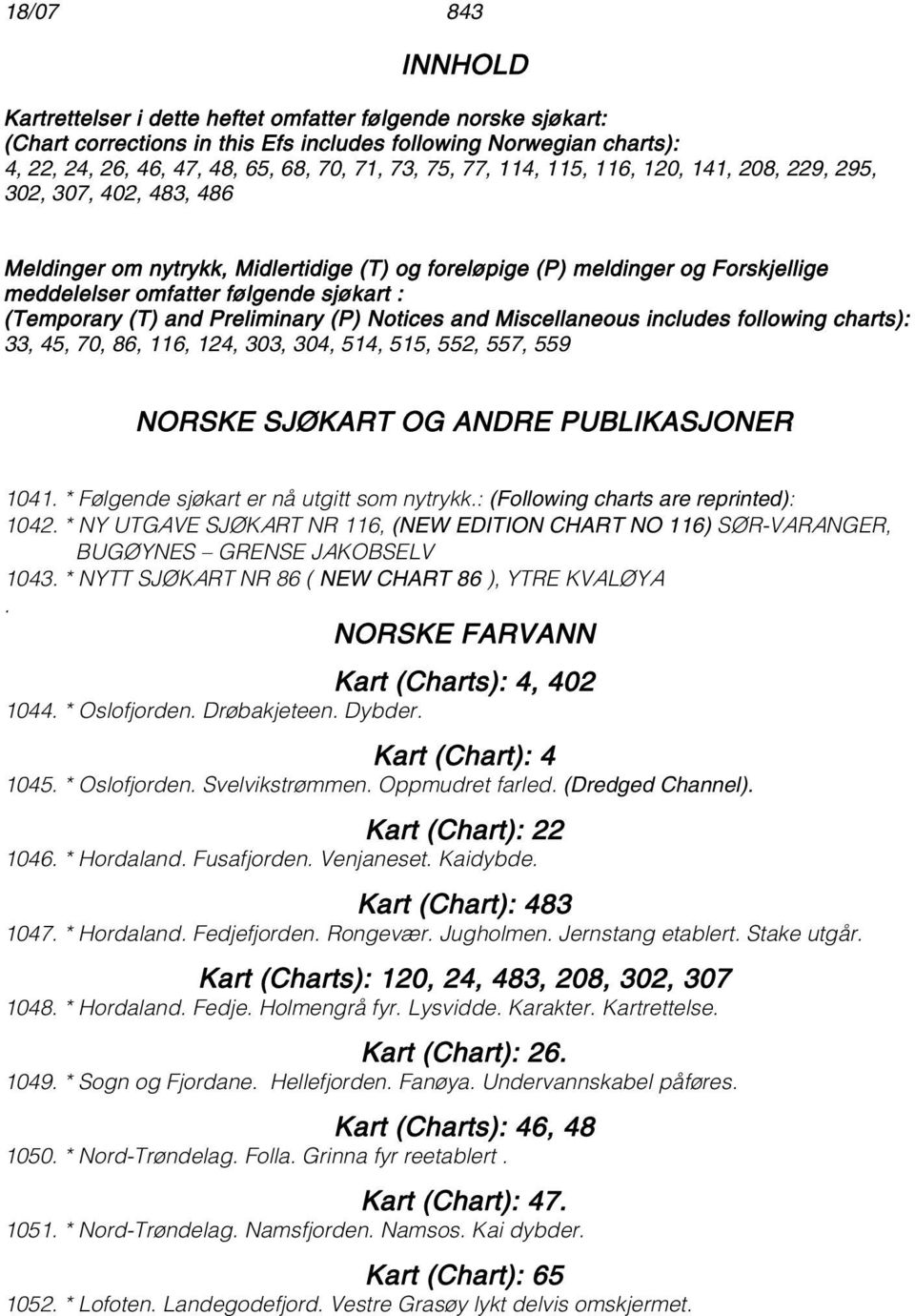 (Temporary (T) and Preliminary (P) Notices and Miscellaneous includes following charts): 33, 45, 70, 86, 116, 124, 303, 304, 514, 515, 552, 557, 559 NORSKE SJØKART OG ANDRE PUBLIKASJONER 1041.