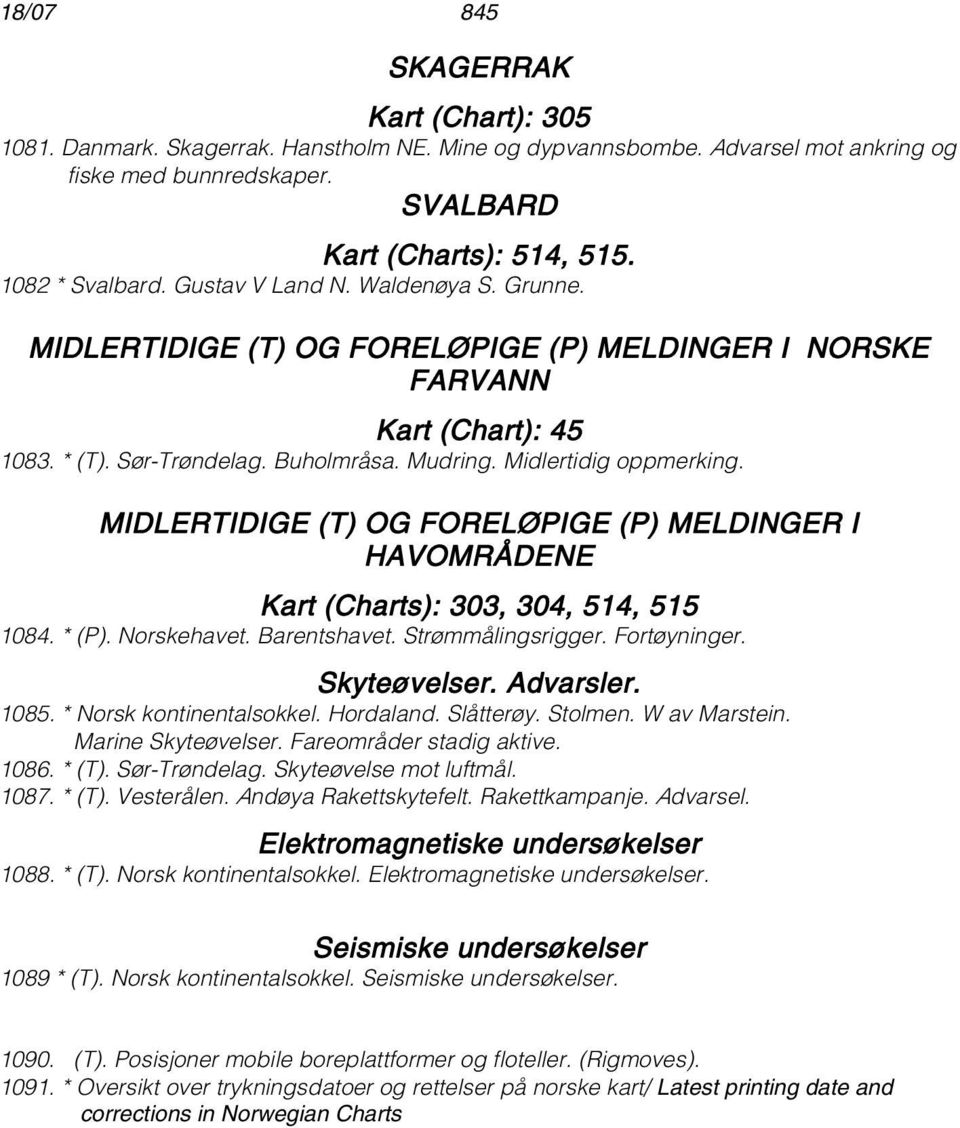 MIDLERTIDIGE (T) OG FORELØPIGE (P) MELDINGER I HAVOMRÅDENE Kart (Charts): 303, 304, 514, 515 1084. * (P). Norskehavet. Barentshavet. Strømmålingsrigger. Fortøyninger. Skyteøvelser. Advarsler. 1085.