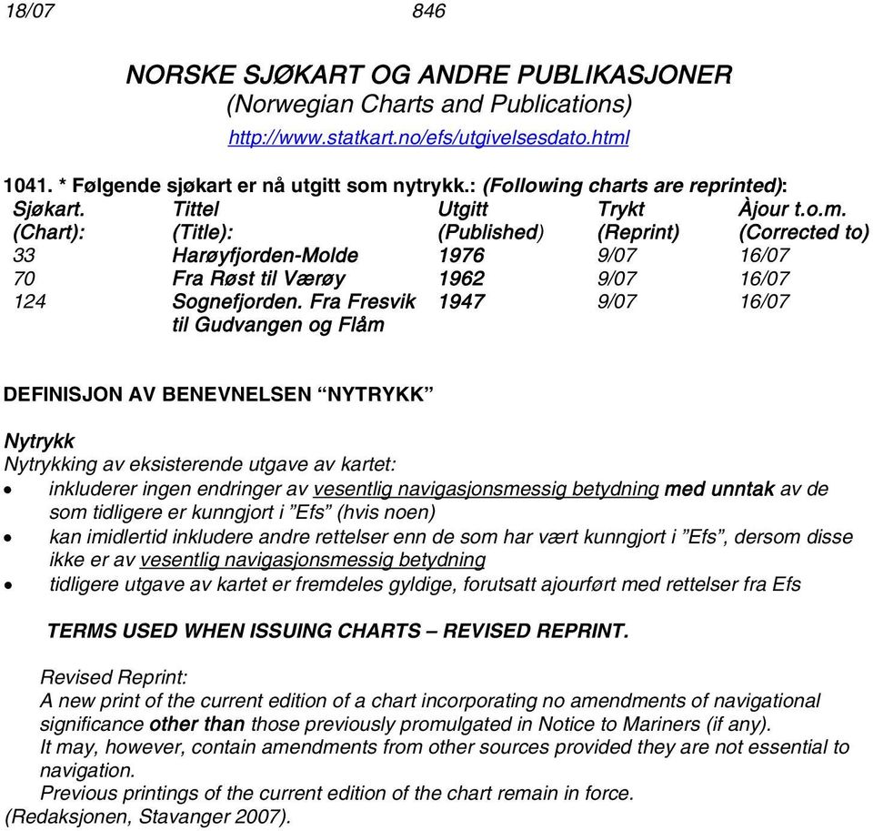 (Corrected to) 33 Harøyfjorden-Molde 1976 9/07 16/07 70 Fra Røst til Værøy 1962 9/07 16/07 124 Sognefjorden.