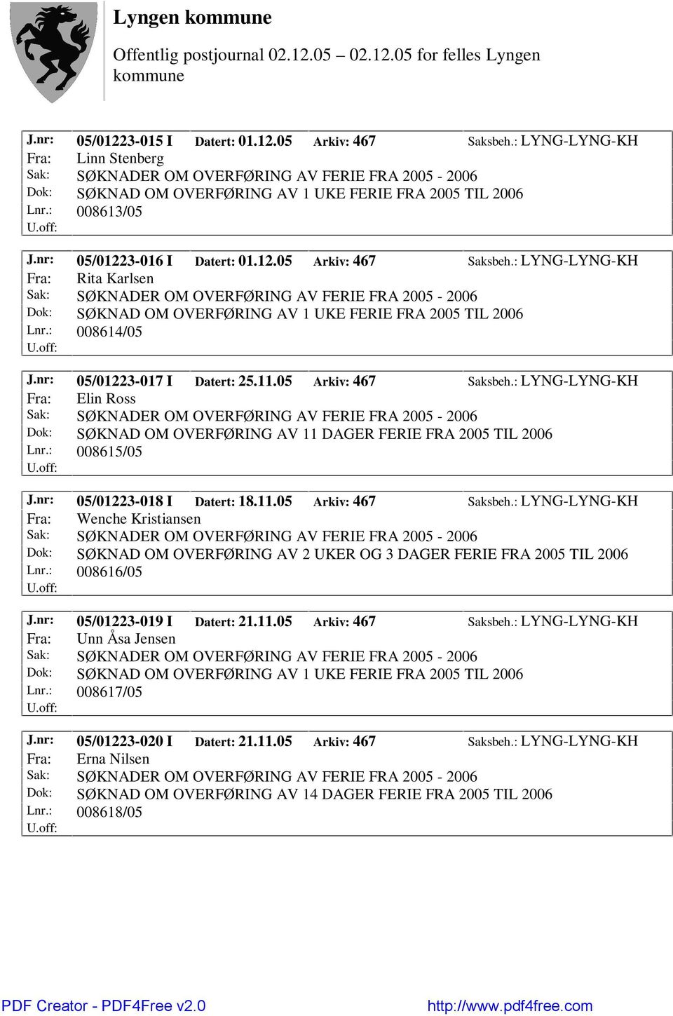 nr: 05/01223-018 I Datert: 18.11.05 Arkiv: 467 Saksbeh.: LYNG-LYNG-KH Fra: Wenche Kristiansen Dok: SØKNAD OM OVERFØRING AV 2 UKER OG 3 DAGER FERIE FRA 2005 TIL 2006 Lnr.: 008616/05 J.