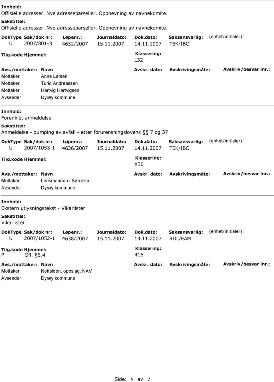 Anmeldelse - dumping av avfall - etter forurensningslovens 7 og 37 2007/1053-1 4636/2007 TEK/BO X30 Mottaker Lensmannen i Sørreisa