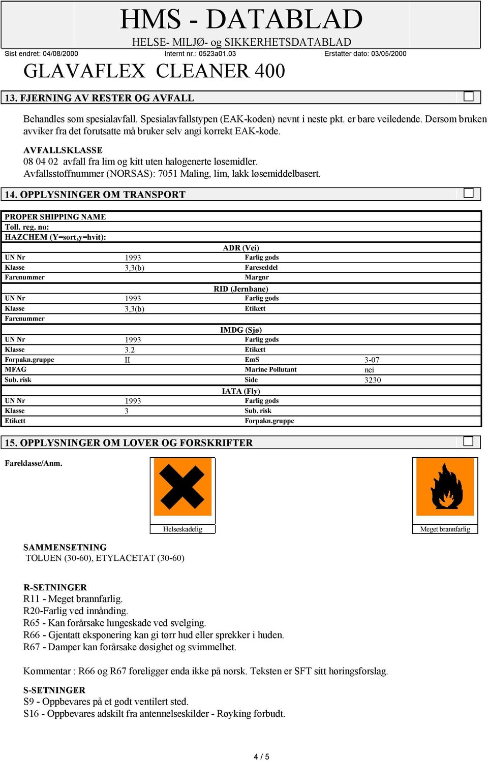 Avfallsstoffnummer (NORSAS): 7051 Maling, lim, lakk løsemiddelbasert. 14. OPPLYSNINGER OM TRANSPORT PROPER SHIPPING NAME Toll. reg.