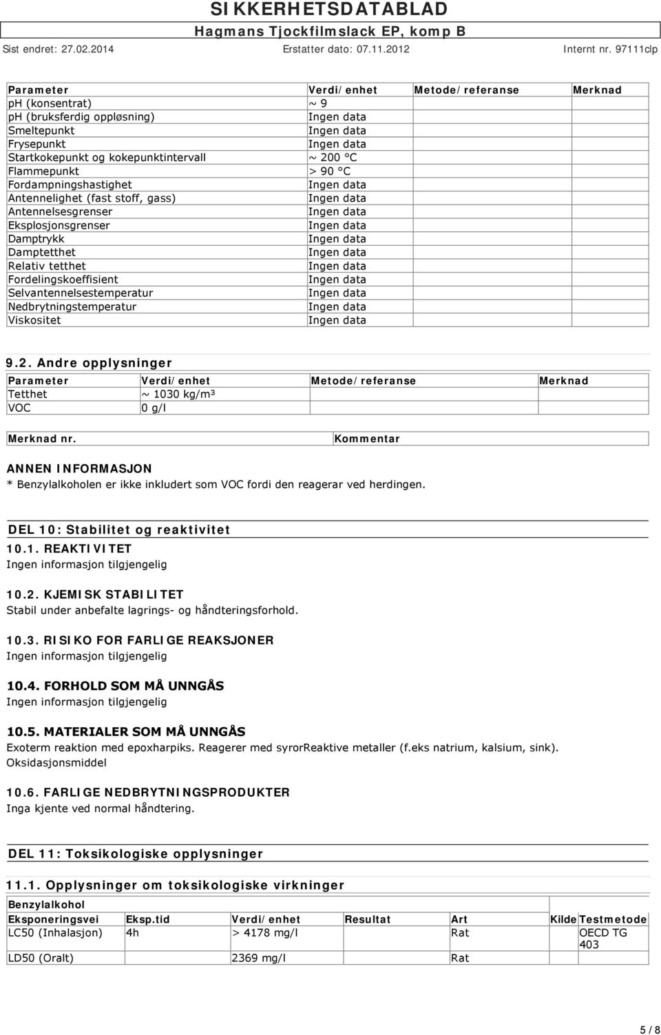 Nedbrytningstemperatur Viskositet 9.2. Andre opplysninger Parameter Verdi/enhet Metode/referanse Merknad Tetthet ~ 1030 kg/m³ VOC 0 g/l Merknad nr.