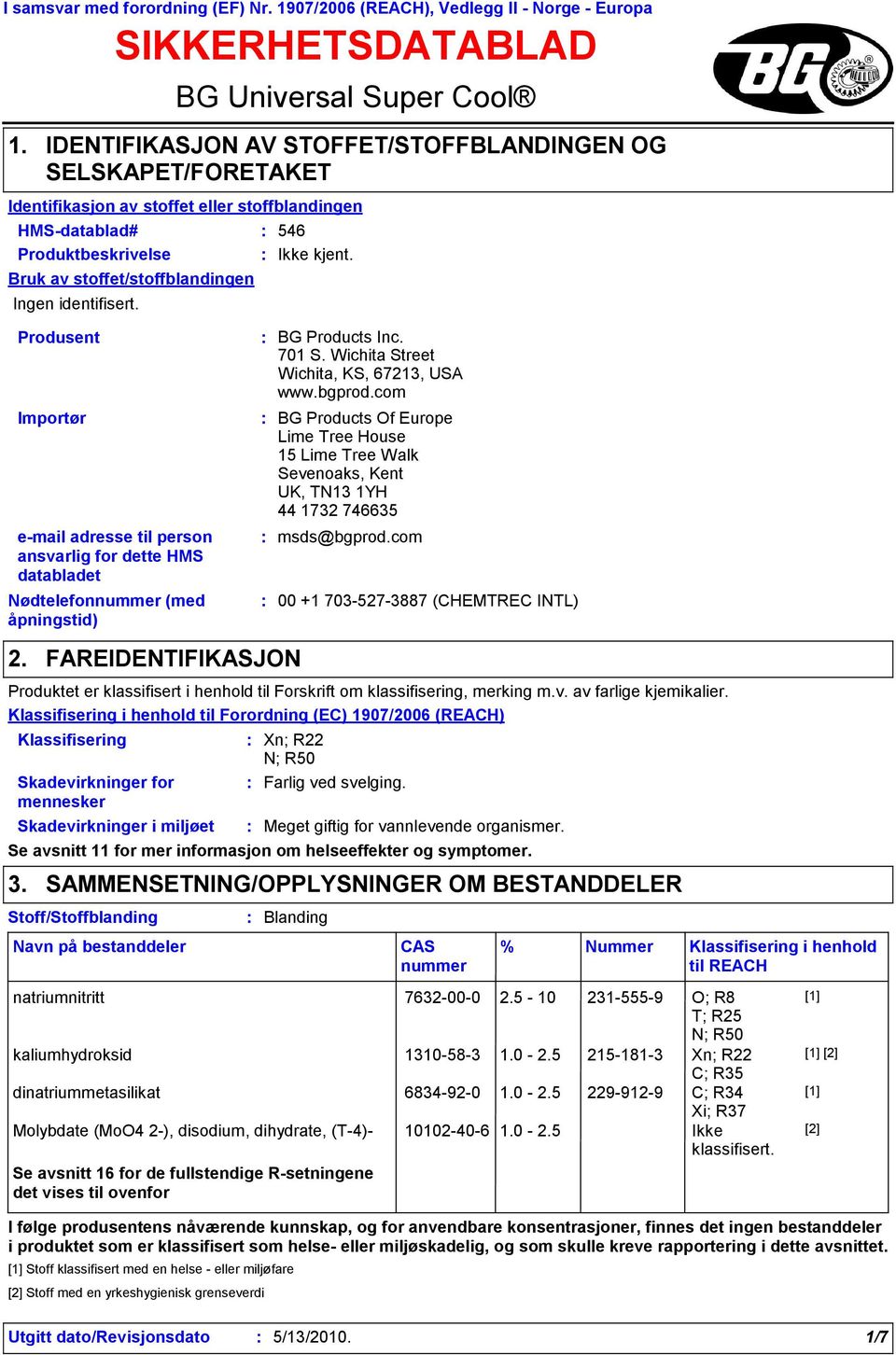 kjent. Bruk av stoffet/stoffblandingen Ingen identifisert. Produsent Importør email adresse til person ansvarlig for dette HMS databladet Nødtelefonnummer (med åpningstid) 2.