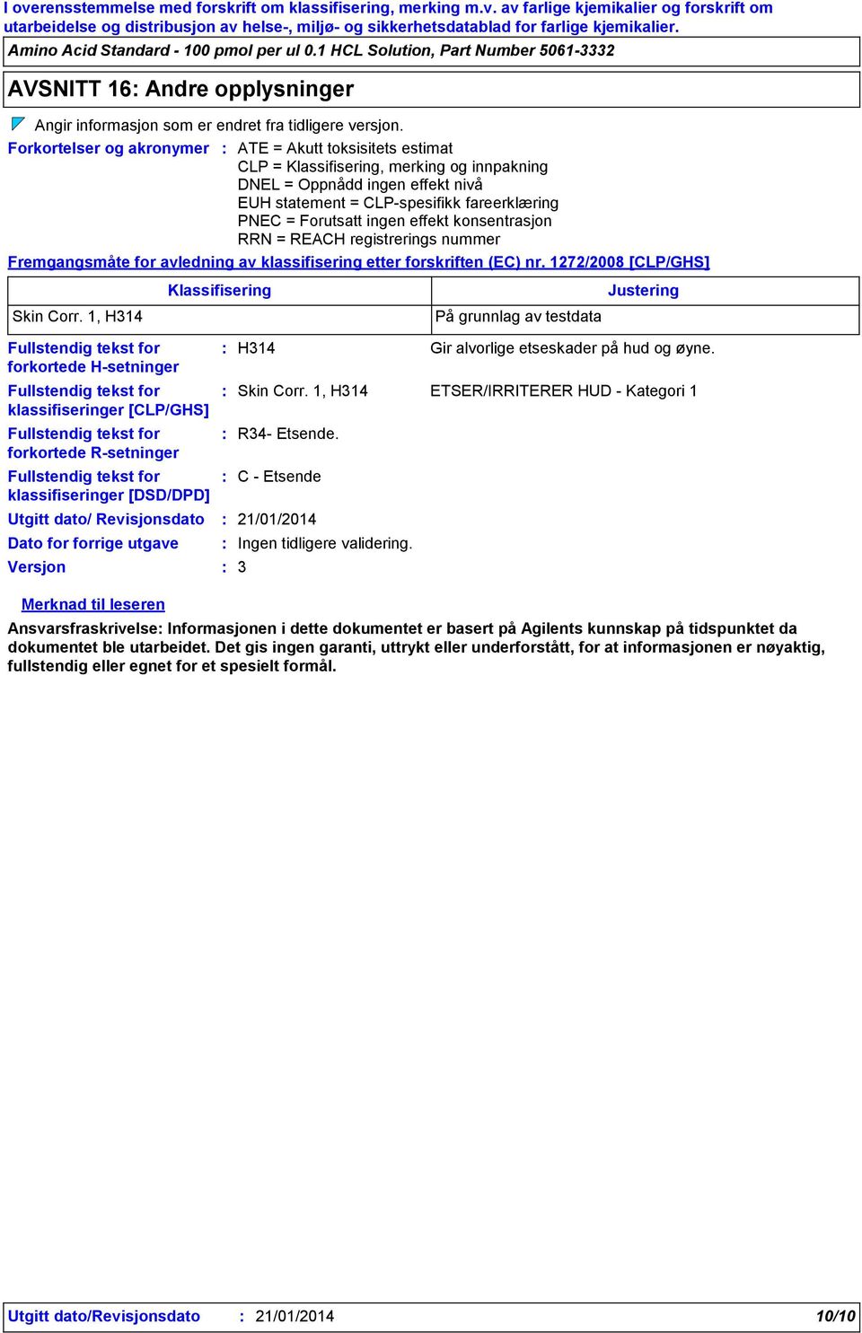 ingen effekt konsentrasjon RRN = REACH registrerings nummer Fremgangsmåte for avledning av klassifisering etter forskriften (EC) nr. 1272/2008 [CLP/GHS] Skin Corr.