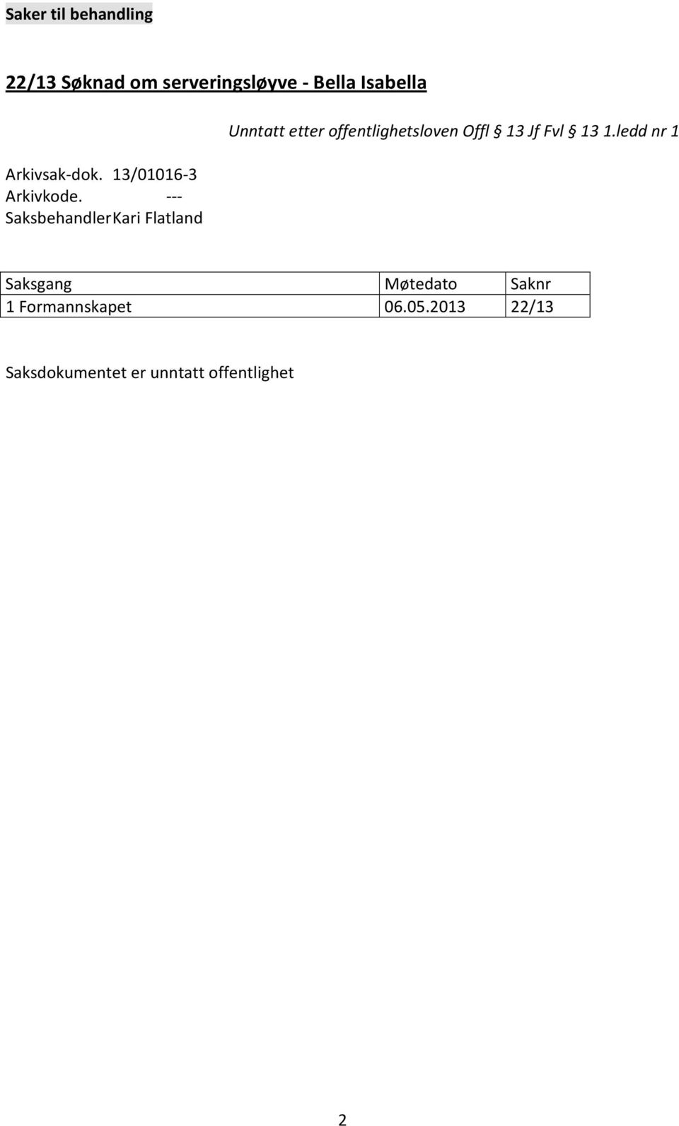 --- Saksbehandler Kari Flatland Unntatt etter offentlighetsloven Offl 13