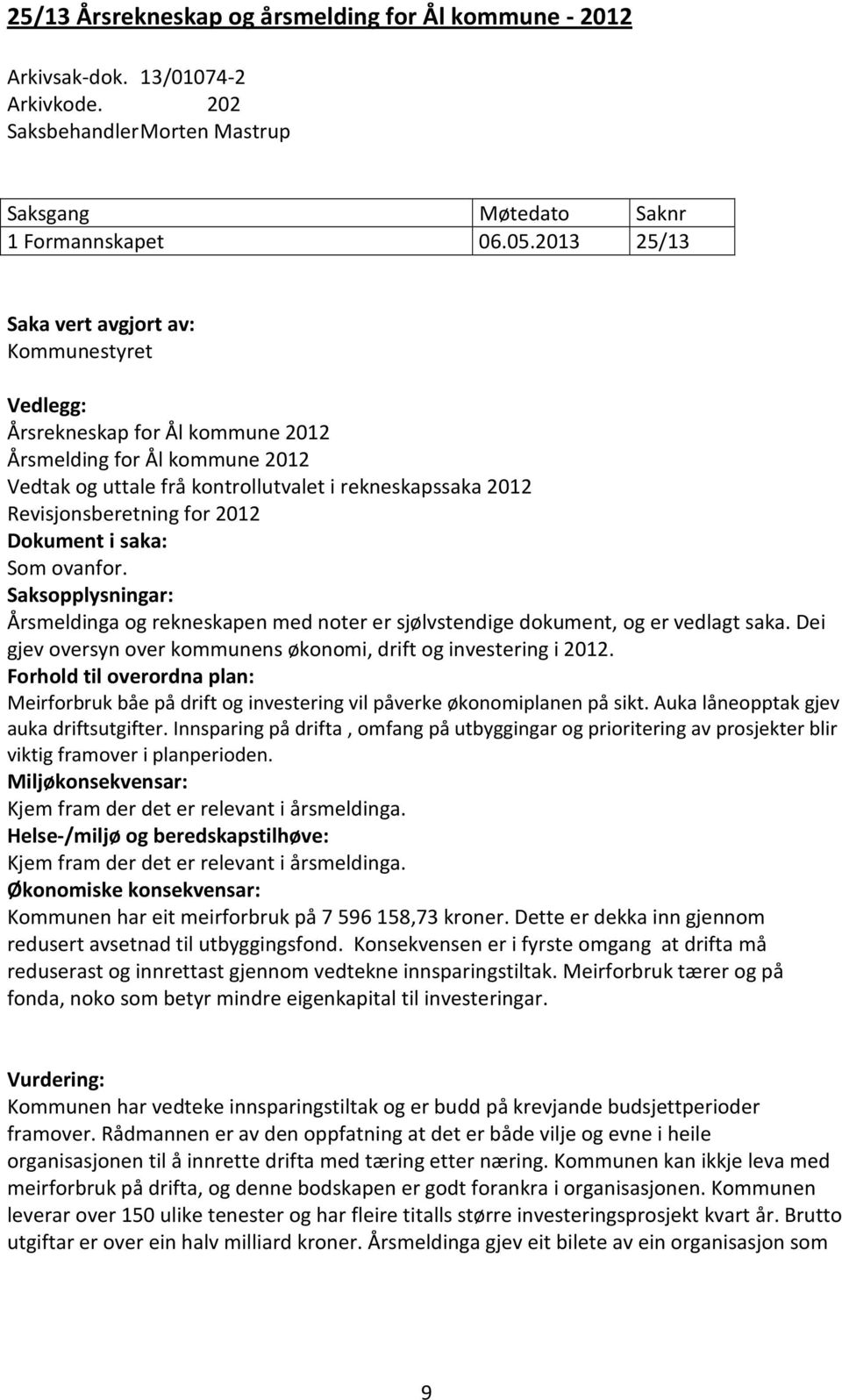 for 2012 Dokument i saka: Som ovanfor. Saksopplysningar: Årsmeldinga og rekneskapen med noter er sjølvstendige dokument, og er vedlagt saka.