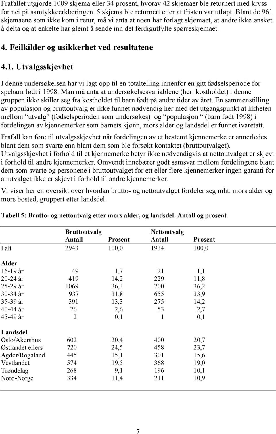 Feilkilder og usikkerhet ved resultatene 4.1. Utvalgsskjevhet I denne undersøkelsen har vi lagt opp til en totaltelling innenfor en gitt fødselsperiode for spebarn født i 1998.