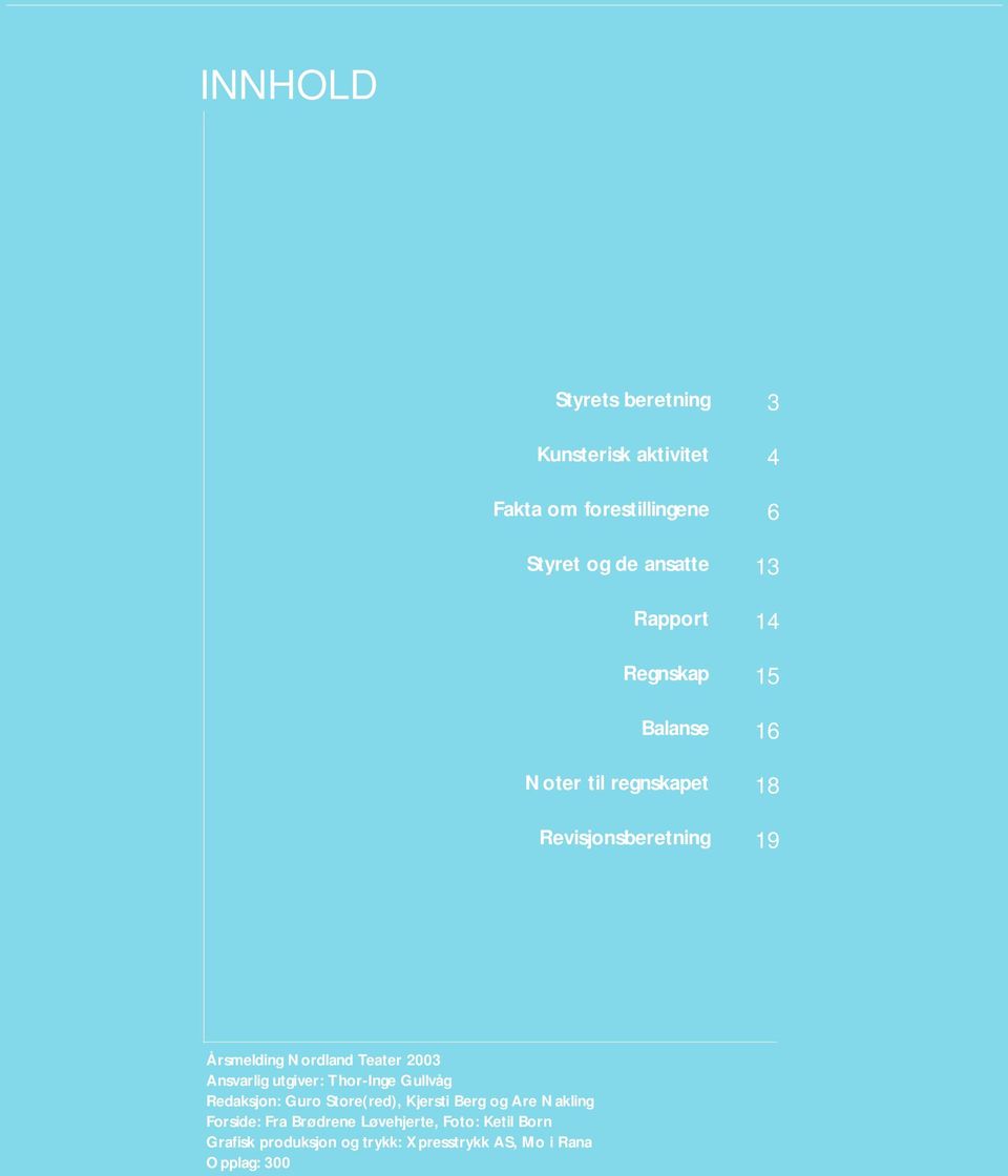 Teater 2003 Ansvarlig utgiver: Thor-Inge Gullvåg Redaksjon: Guro Store(red), Kjersti Berg og Are Nakling