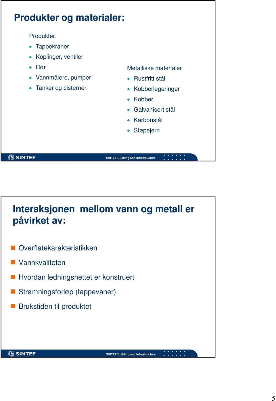 Karbonstål Støpejern Interaksjonen mellom vann og metall er påvirket av: Overflatekarakteristikken