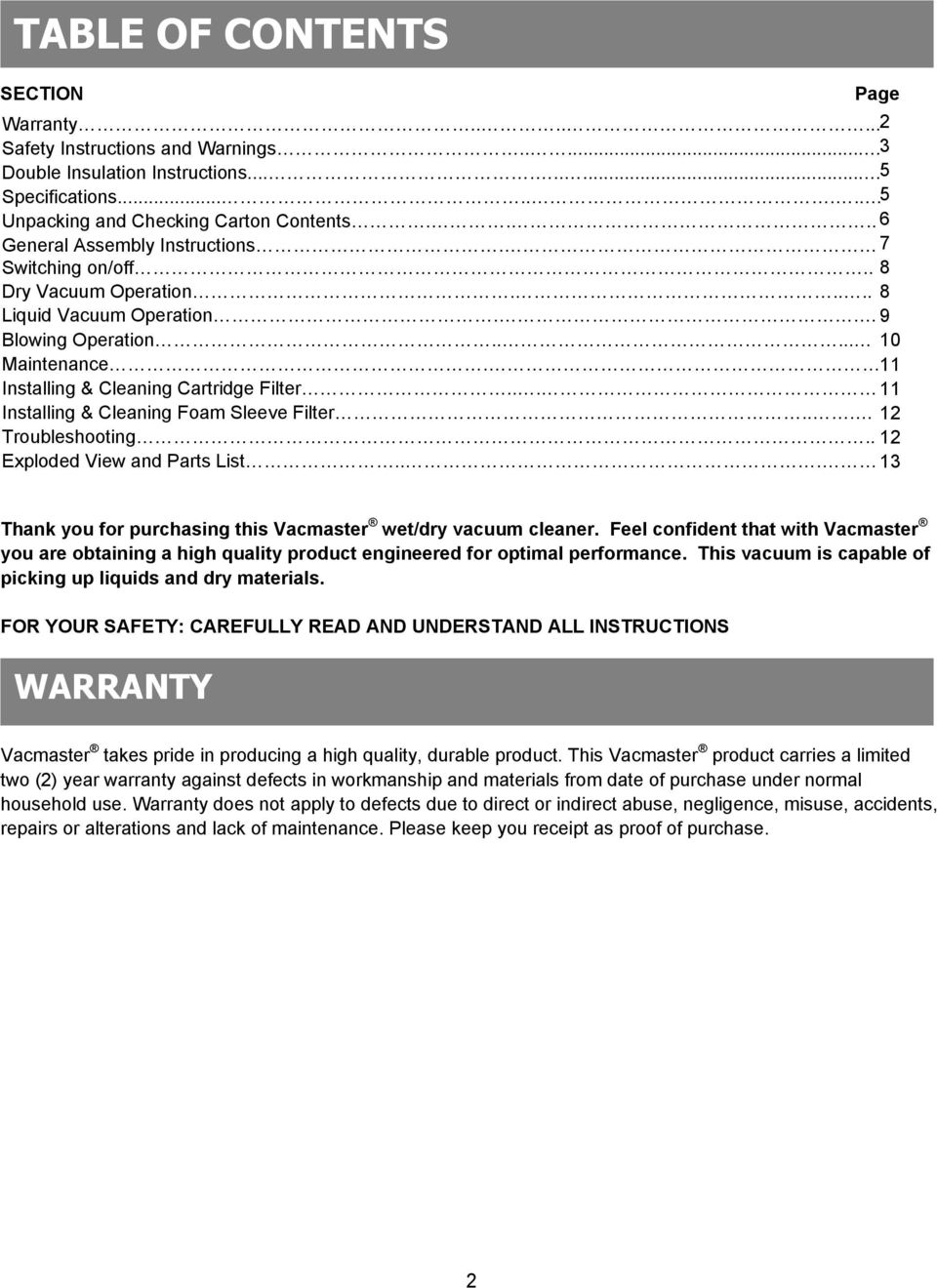 .. 11 Installing & Cleaning Foam Sleeve Filter... 12 Troubleshooting.. 12 Exploded View and Parts List... 13 Thank you for purchasing this Vacmaster wet/dry vacuum cleaner.