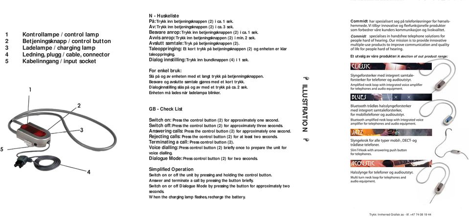 2 sek. Avslutt samtale: Tryk på betjeningsknappen (2). Taleoppringing: Et kort trykk på betjeningsknappen (2) og enheten er klar taleoppringing. Dialog innstilling: Trykk inn bundknappen (4) i 1 sek.