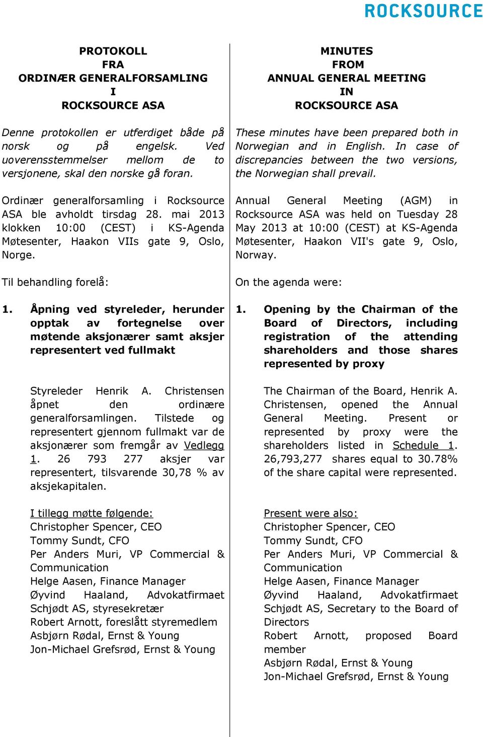 Åpning ved styreleder, herunder opptak av fortegnelse over møtende aksjonærer samt aksjer representert ved fullmakt Styreleder Henrik A. Christensen åpnet den ordinære generalforsamlingen.