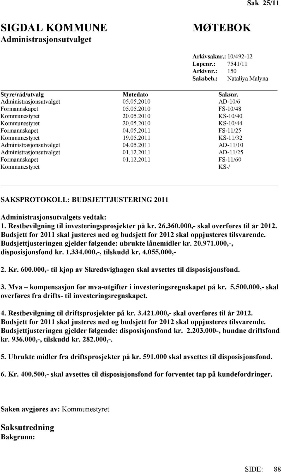 05.2011 AD-11/10 Administrasjonsutvalget 01.12.2011 AD-11/25 Formannskapet 01.12.2011 FS-11/60 Kommunestyret KS-/ SAKSPROTOKOLL: BUDSJETTJUSTERING 2011 Administrasjonsutvalgets vedtak: 1.