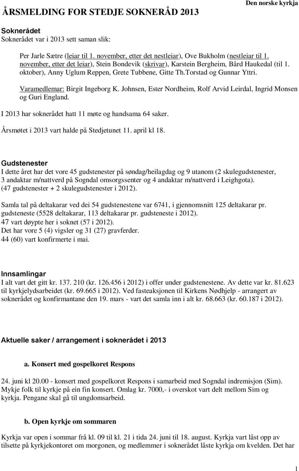 Varamedlemar: Birgit Ingeborg K. Johnsen, Ester Nordheim, Rolf Arvid Leirdal, Ingrid Monsen og Guri England. I 2013 har soknerådet hatt 11 møte og handsama 64 saker.