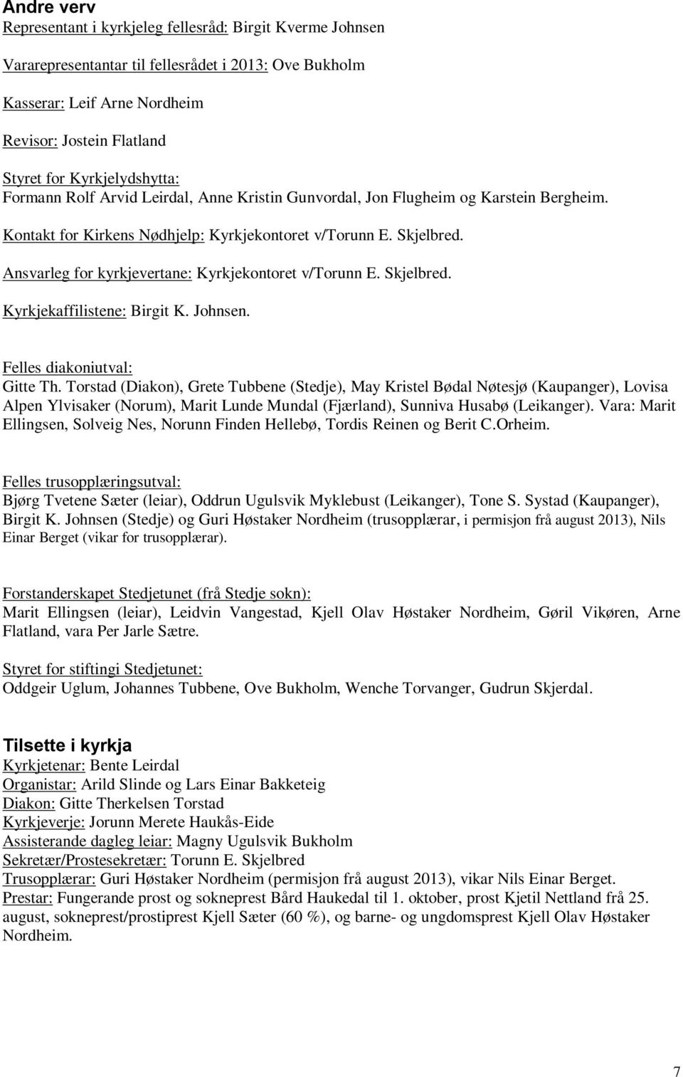 Ansvarleg for kyrkjevertane: Kyrkjekontoret v/torunn E. Skjelbred. Kyrkjekaffilistene: Birgit K. Johnsen. Felles diakoniutval: Gitte Th.