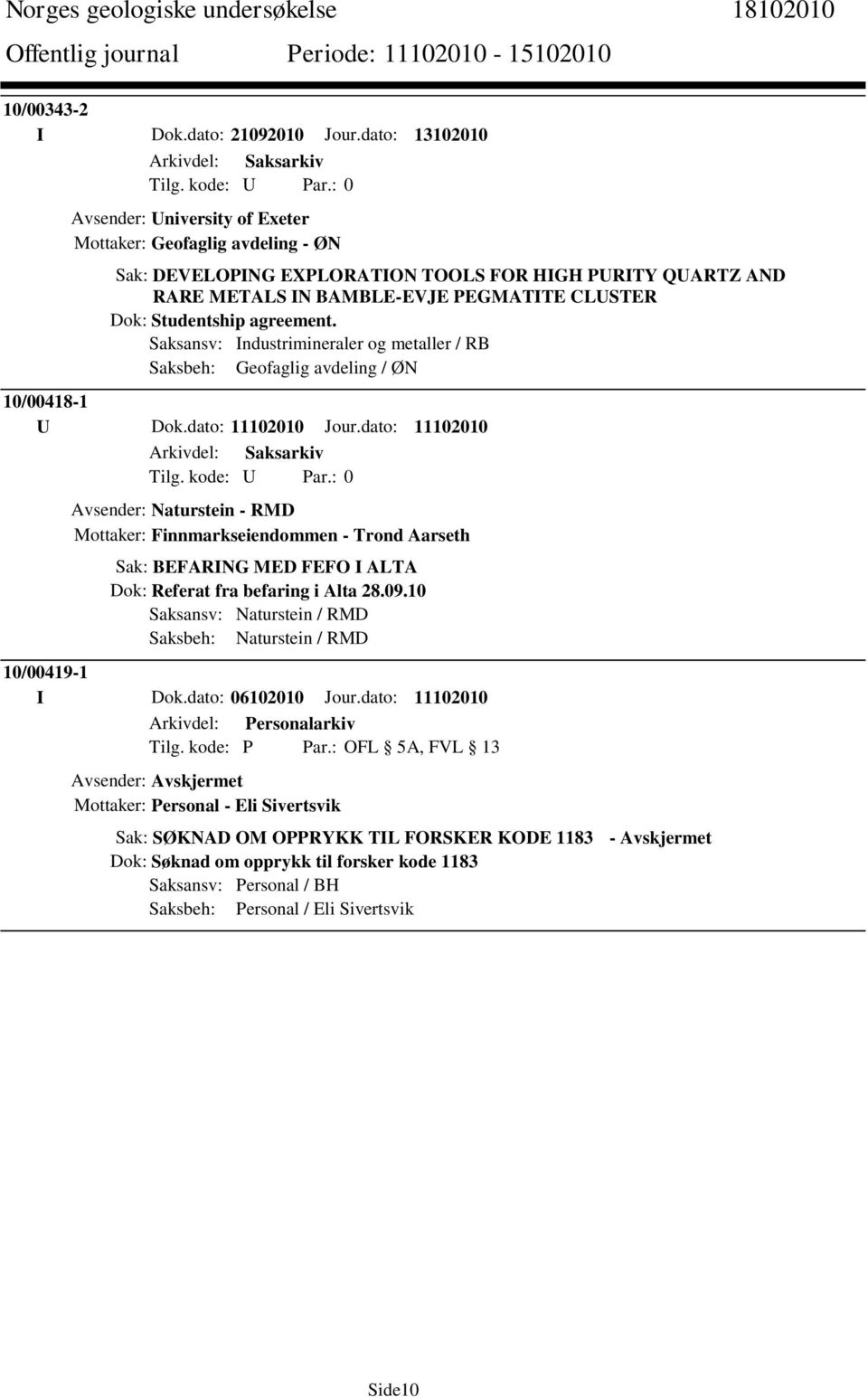 Studentship agreement. Saksansv: Industrimineraler og metaller / RB Saksbeh: Geofaglig avdeling / ØN 10/00418-1 U Dok.dato: 11102010 Jour.