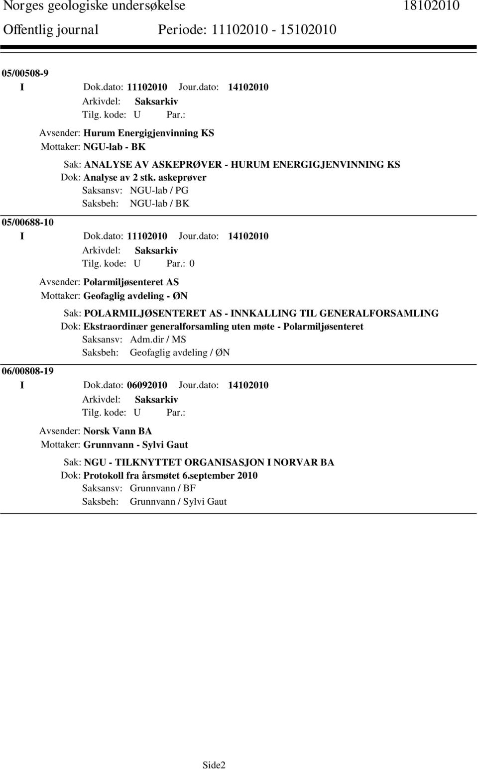 dato: 14102010 Avsender: Polarmiljøsenteret AS Mottaker: Geofaglig avdeling - ØN Sak: POLARMILJØSENTERET AS - INNKALLING TIL GENERALFORSAMLING Dok: Ekstraordinær generalforsamling uten møte -