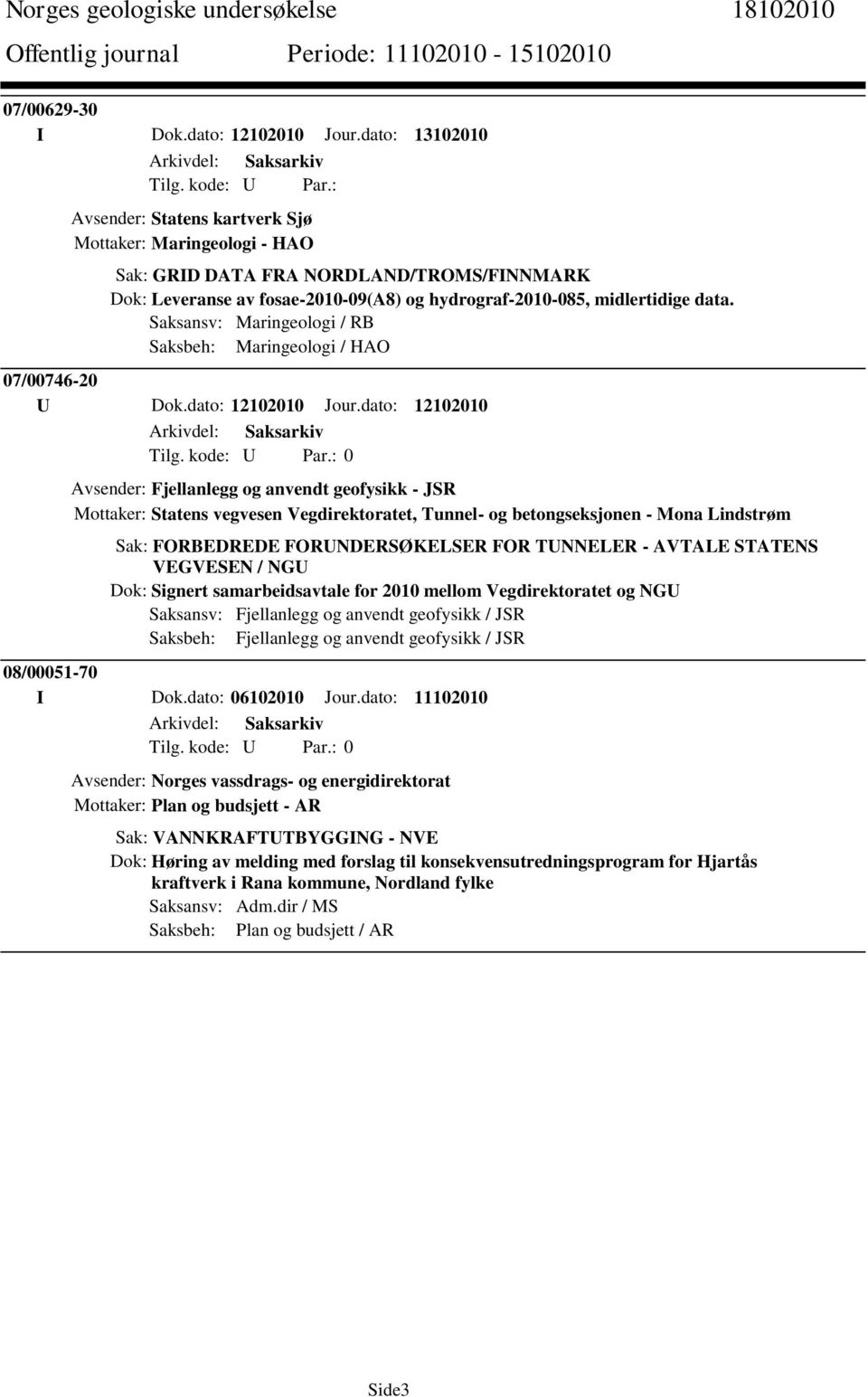 Saksansv: Maringeologi / RB Saksbeh: Maringeologi / HAO 07/00746-20 U Dok.dato: 12102010 Jour.