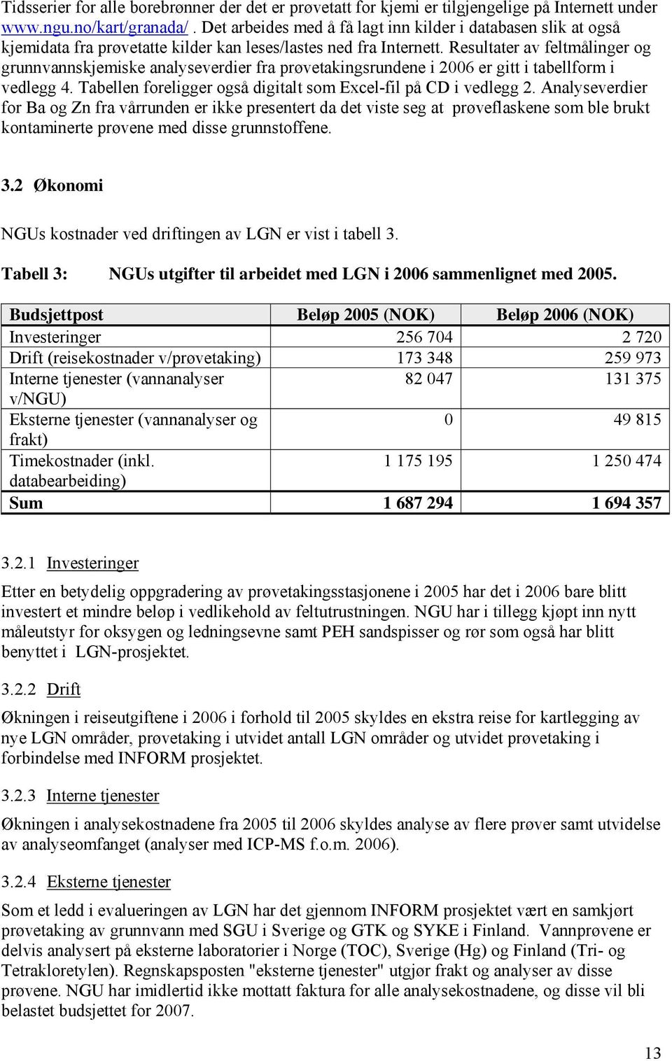 Resultater av feltmålinger og grunnvannskjemiske analyseverdier fra prøvetakingsrundene i 2006 er gitt i tabellform i vedlegg 4. Tabellen foreligger også digitalt som Excel-fil på CD i vedlegg 2.