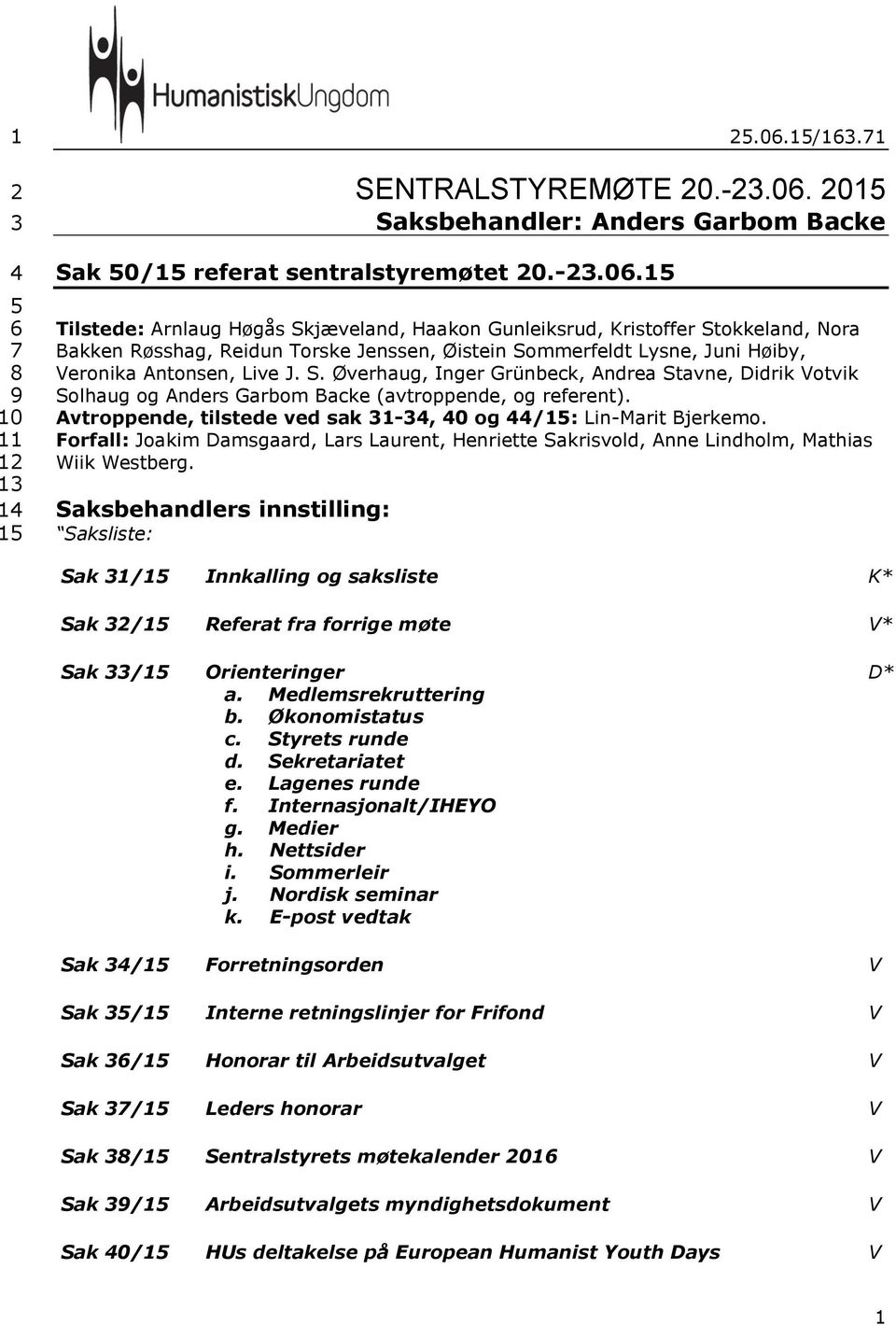 2015 Saksbehandler: Anders Garbom Backe Sak 50/15 referat sentralstyremøtet 20.-23.06.