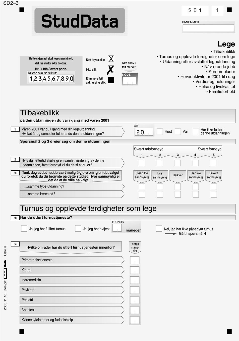 Utdanning etter avsluttet legeutdanning Nåværende jobb Karriereplaner Hovedaktiviteter 2001 til i dag Verdier og holdninger Helse og livskvalitet Familieforhold Tilbakeblikk på den utdanningen du var