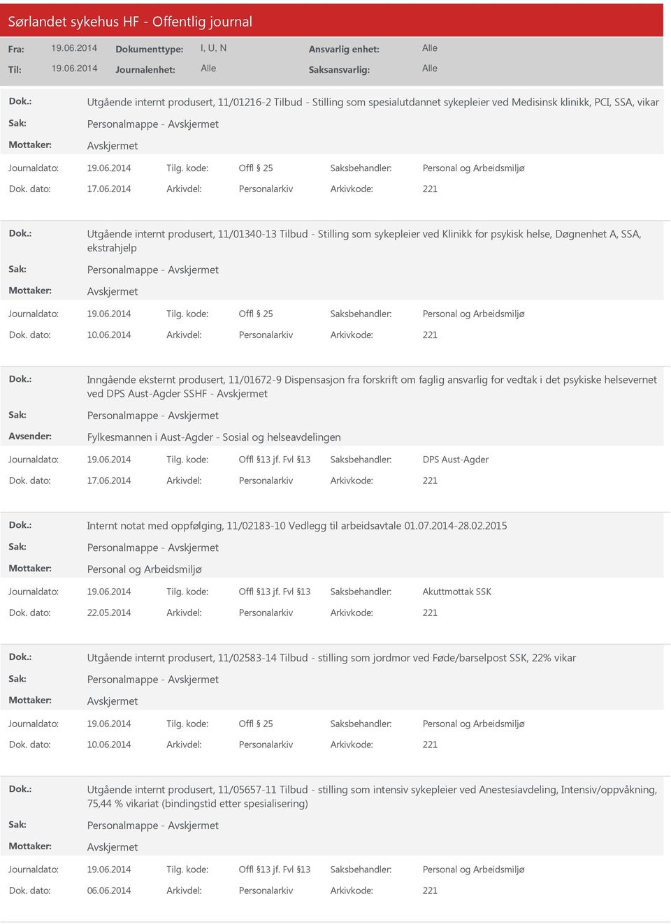 2014 Arkivdel: Personalarkiv Arkivkode: 221 Inngående eksternt produsert, 11/01672-9 Dispensasjon fra forskrift om faglig ansvarlig for vedtak i det psykiske helsevernet ved DPS Aust-Agder SSHF -