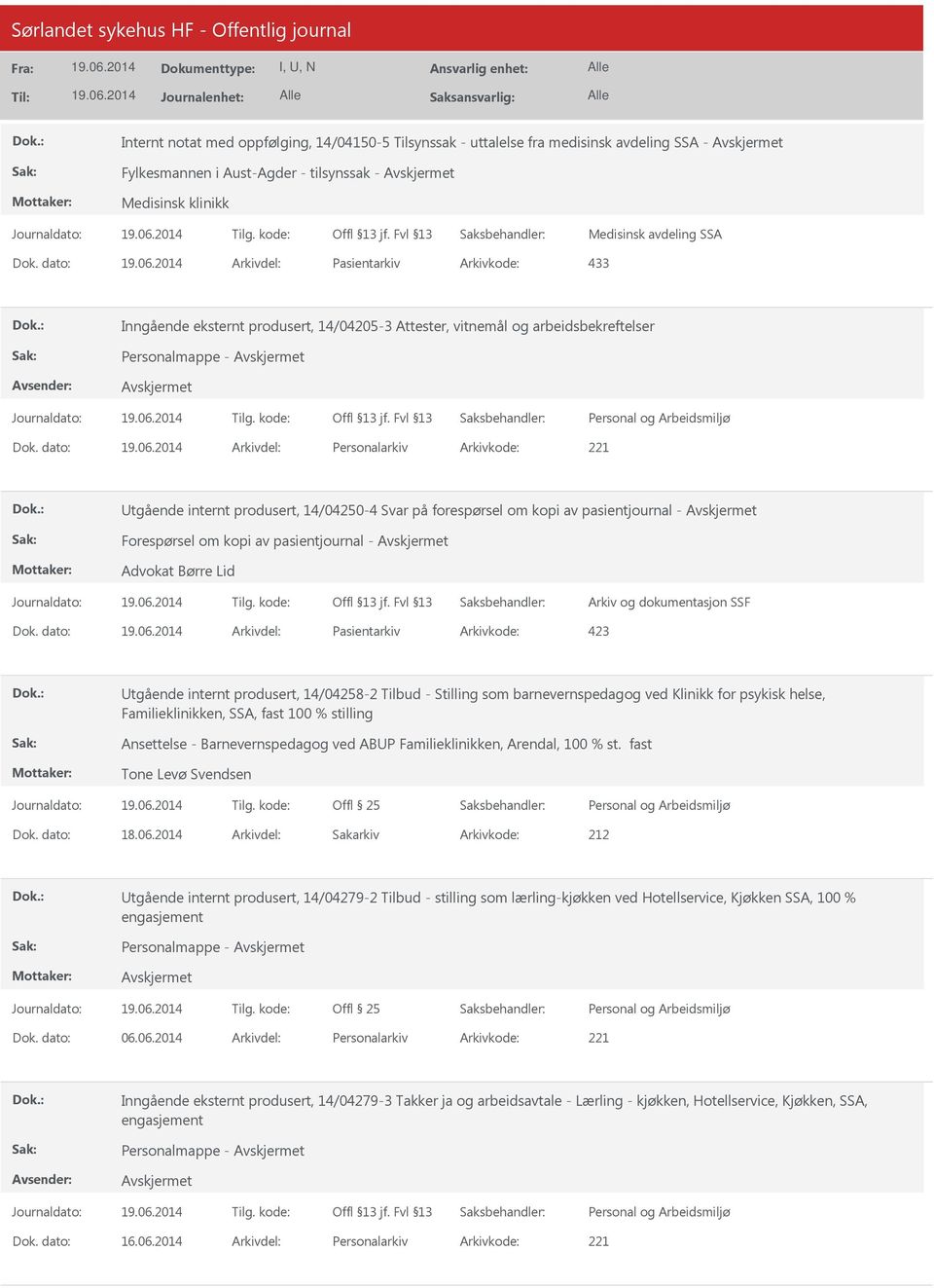 dato: Arkivdel: Personalarkiv Arkivkode: 221 Utgående internt produsert, 14/04250-4 Svar på forespørsel om kopi av pasientjournal - Forespørsel om kopi av pasientjournal - Advokat Børre Lid Arkiv og