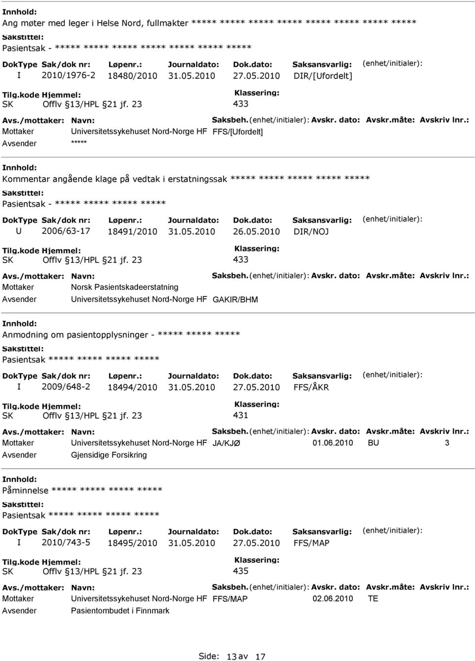 2010 DR/NOJ 433 Mottaker Norsk Pasientskadeerstatning niversitetssykehuset Nord-Norge HF GAKR/BHM nnhold: Anmodning om pasientopplysninger - ***** ***** ***** 2009/648-2 18494/2010 FFS/ÅKR 431