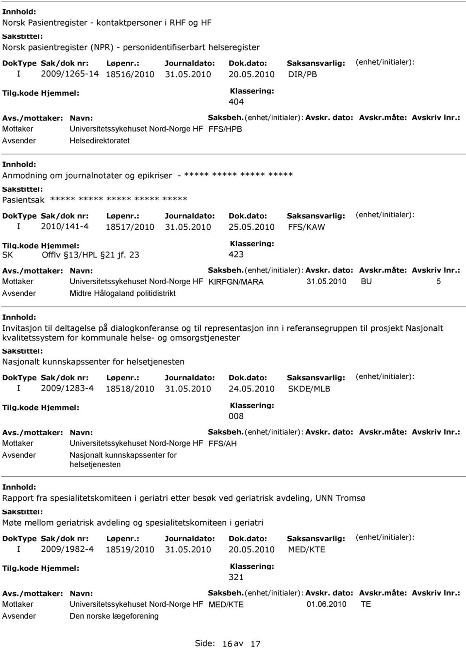 2010 FFS/KAW Mottaker niversitetssykehuset Nord-Norge HF KRFGN/MARA B 5 Midtre Hålogaland politidistrikt nnhold: nvitasjon til deltagelse på dialogkonferanse og til representasjon inn i