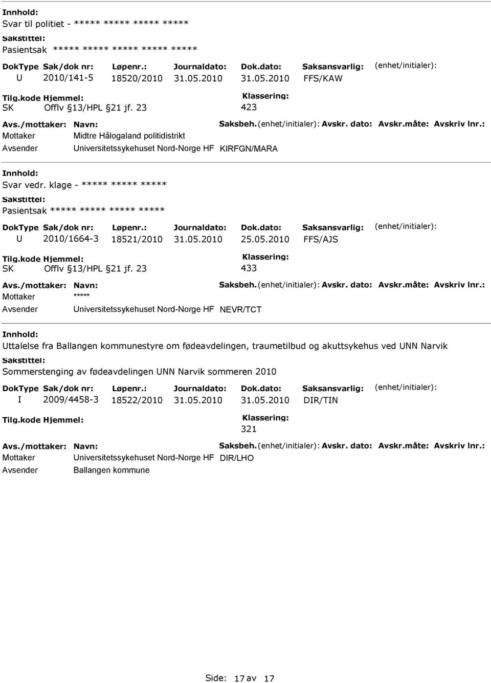 2010 FFS/AJS 433 niversitetssykehuset Nord-Norge HF NEVR/TCT nnhold: ttalelse fra Ballangen kommunestyre om fødeavdelingen, traumetilbud og