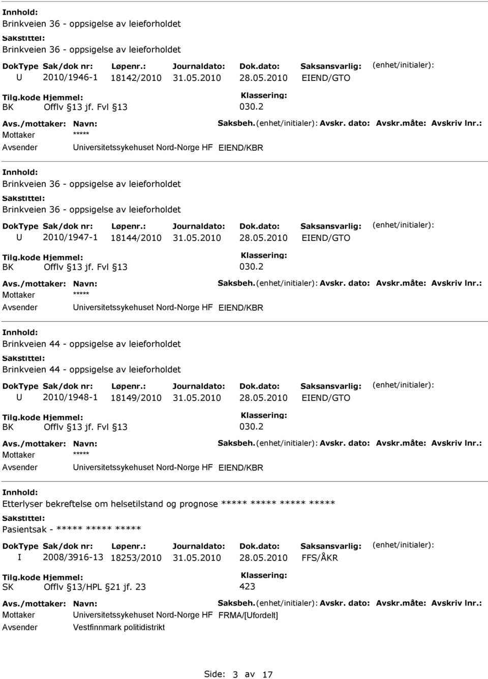 Fvl 13 030.2 niversitetssykehuset Nord-Norge HF EEND/KBR nnhold: Brinkveien 44 - oppsigelse av leieforholdet Brinkveien 44 - oppsigelse av leieforholdet 2010/1948-1 18149/2010 EEND/GTO BK Offlv 13 jf.