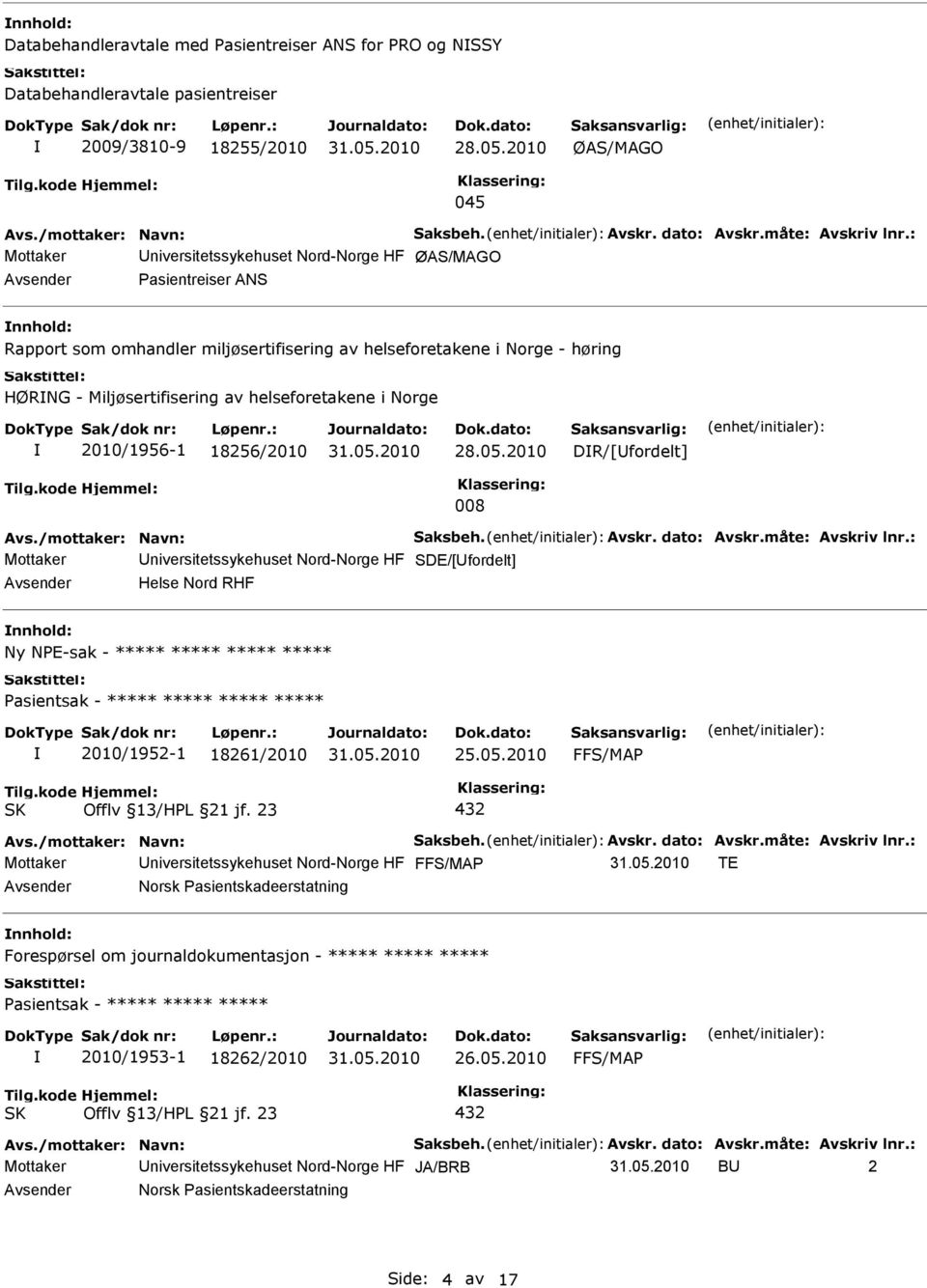 Mottaker niversitetssykehuset Nord-Norge HF SDE/[fordelt] Helse Nord RHF nnhold: Ny NPE-sak - ***** ***** ***** ***** ***** 2010/1952-1 18261/2010 25.05.