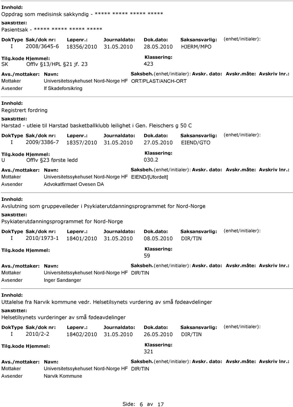 2 Mottaker niversitetssykehuset Nord-Norge HF EEND/[fordelt] Advokatfirmaet Ovesen DA nnhold: Avslutning som gruppeveileder i Psykiaterutdanningsprogrammet for Nord-Norge