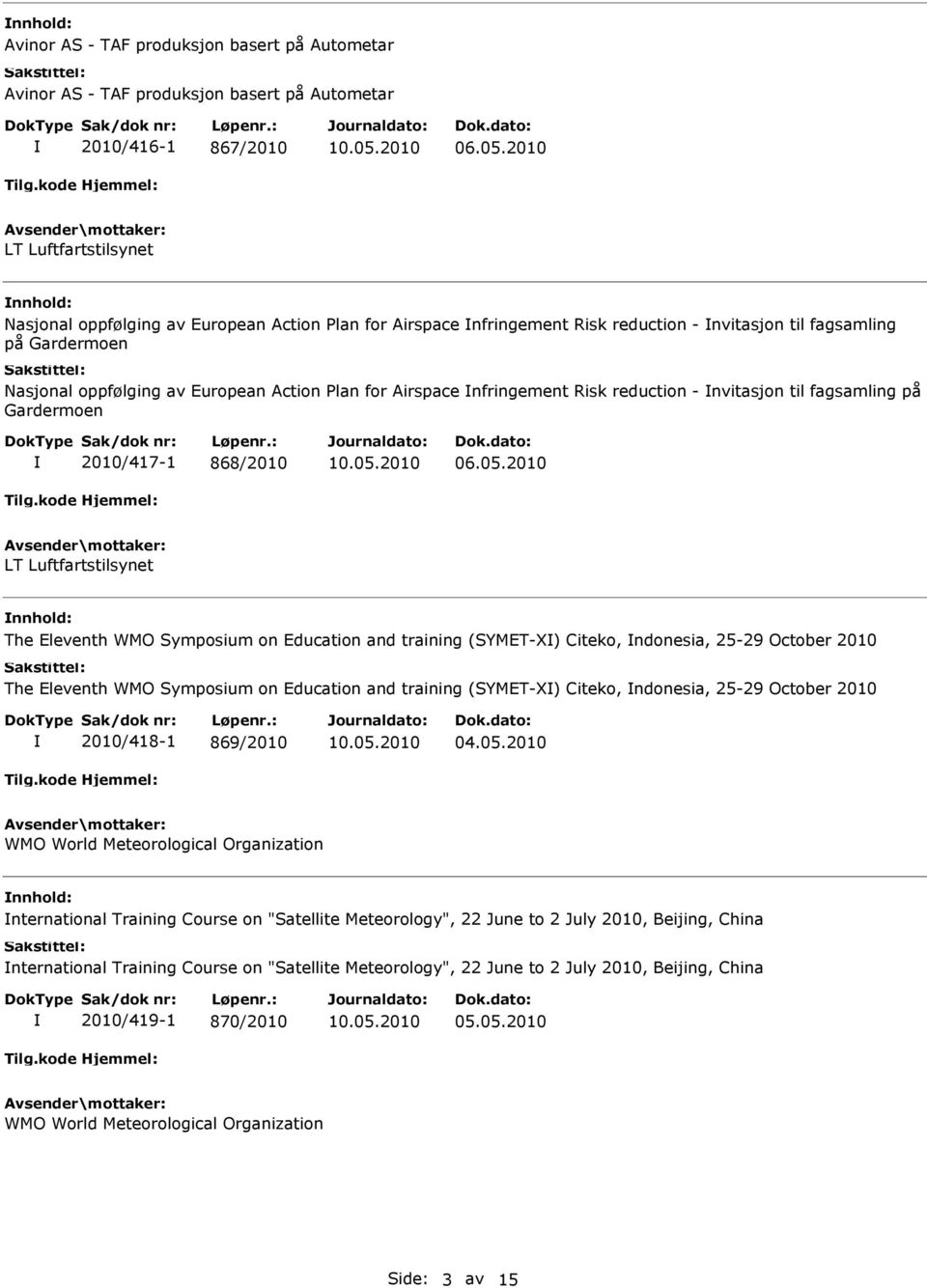 Airspace nfringement Risk reduction - nvitasjon til fagsamling på Gardermoen 2010/417-1 868/2010 06.05.