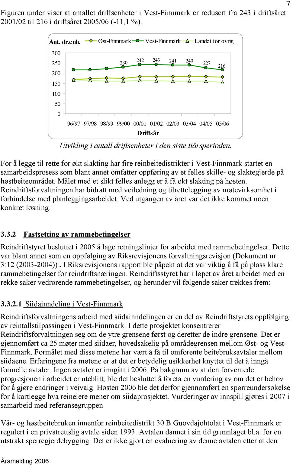 Øst-Finnmark Vest-Finnmark Landet for øvrig 300 250 200 150 100 50 0 243 230 242 241 240 227 216 96/97 97/98 98/99 99/00 00/01 01/02 02/03 03/04 04/05 05/06 Driftsår Utvikling i antall driftsenheter