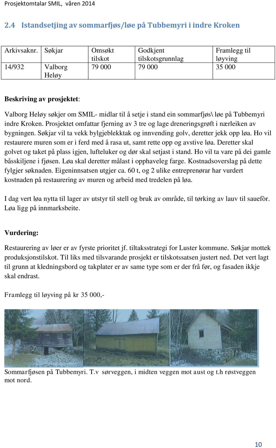 Søkjar vil ta vekk bylgjeblekktak og innvending golv, deretter jekk opp løa. Ho vil restaurere muren som er i ferd med å rasa ut, samt rette opp og avstive løa.