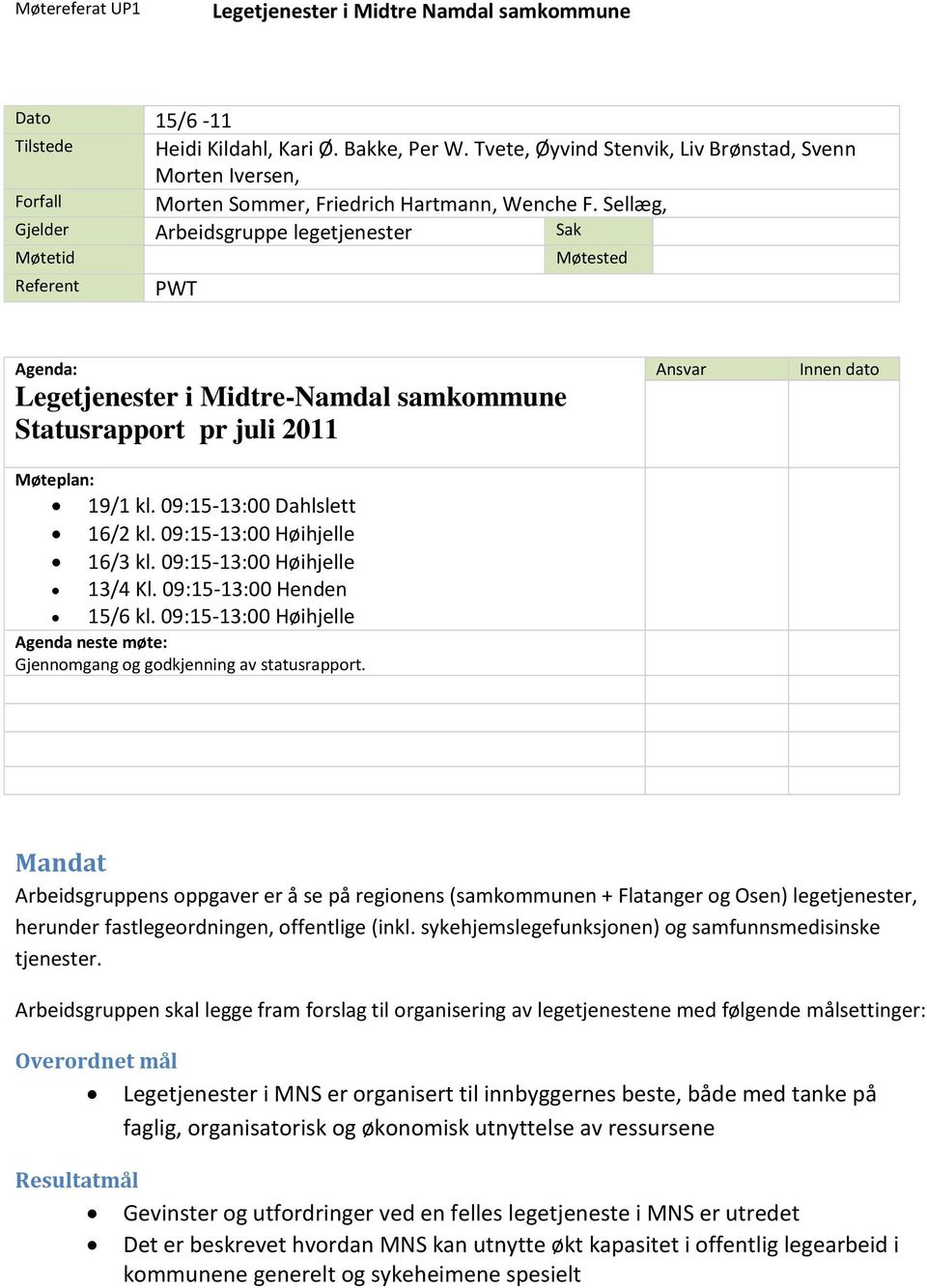 Sellæg, Gjelder Arbeidsgruppe legetjenester Sak Møtetid Møtested Referent PWT Agenda: Legetjenester i Midtre-Namdal samkommune Statusrapport pr juli 2011 Møteplan: 19/1 kl.