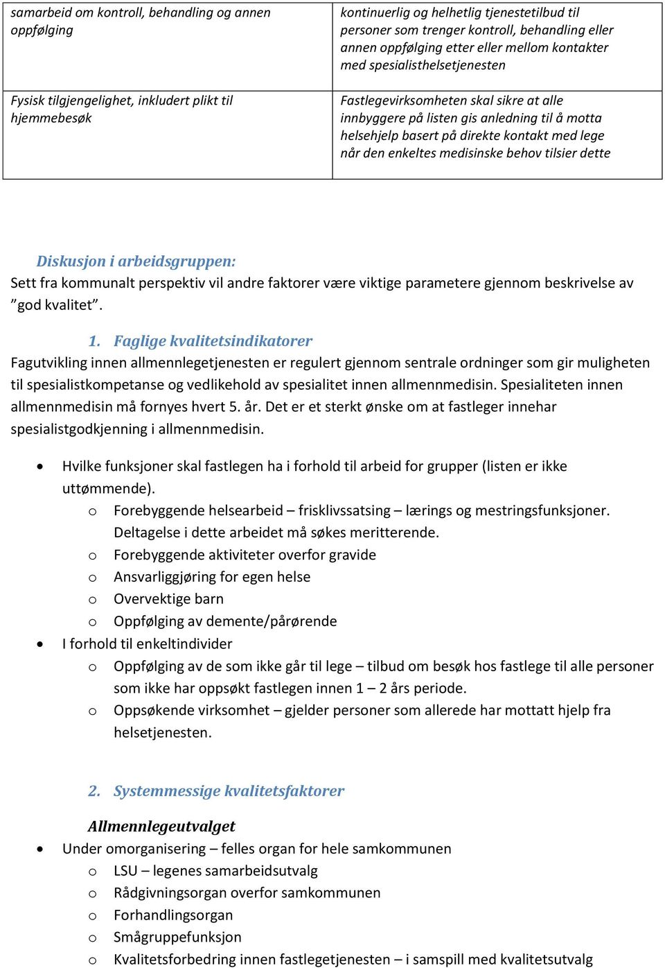 kontakt med lege når den enkeltes medisinske behov tilsier dette Diskusjon i arbeidsgruppen: Sett fra kommunalt perspektiv vil andre faktorer være viktige parametere gjennom beskrivelse av god