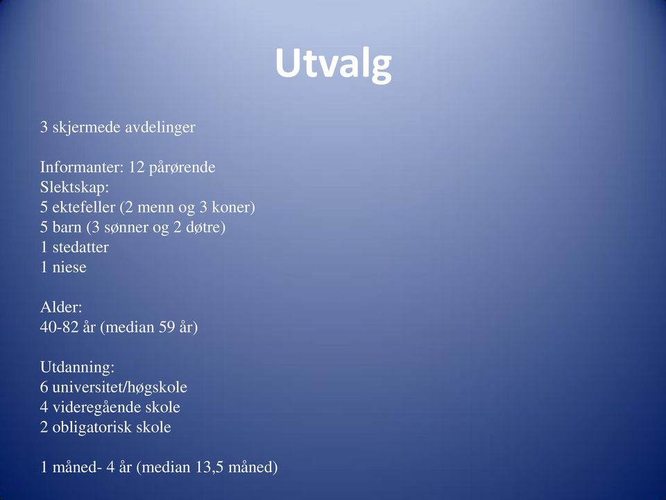 1 niese Alder: 40-82 år (median 59 år) Utdanning: 6 universitet/høgskole