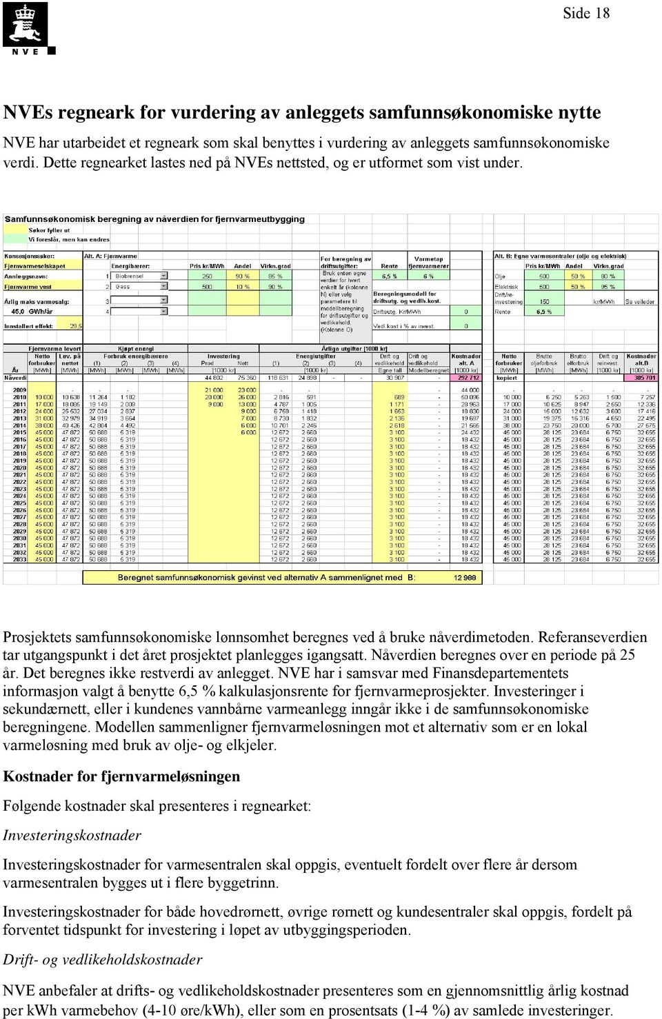 Referanseverdien tar utgangspunkt i det året prosjektet planlegges igangsatt. Nåverdien beregnes over en periode på 25 år. Det beregnes ikke restverdi av anlegget.