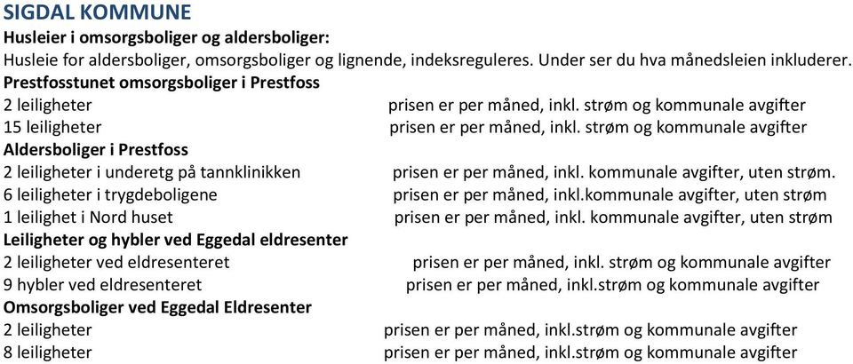 strøm og kommunale avgifter Aldersboliger i Prestfoss 2 leiligheter i underetg på tannklinikken prisen er per måned, inkl. kommunale avg ifter, uten strøm.